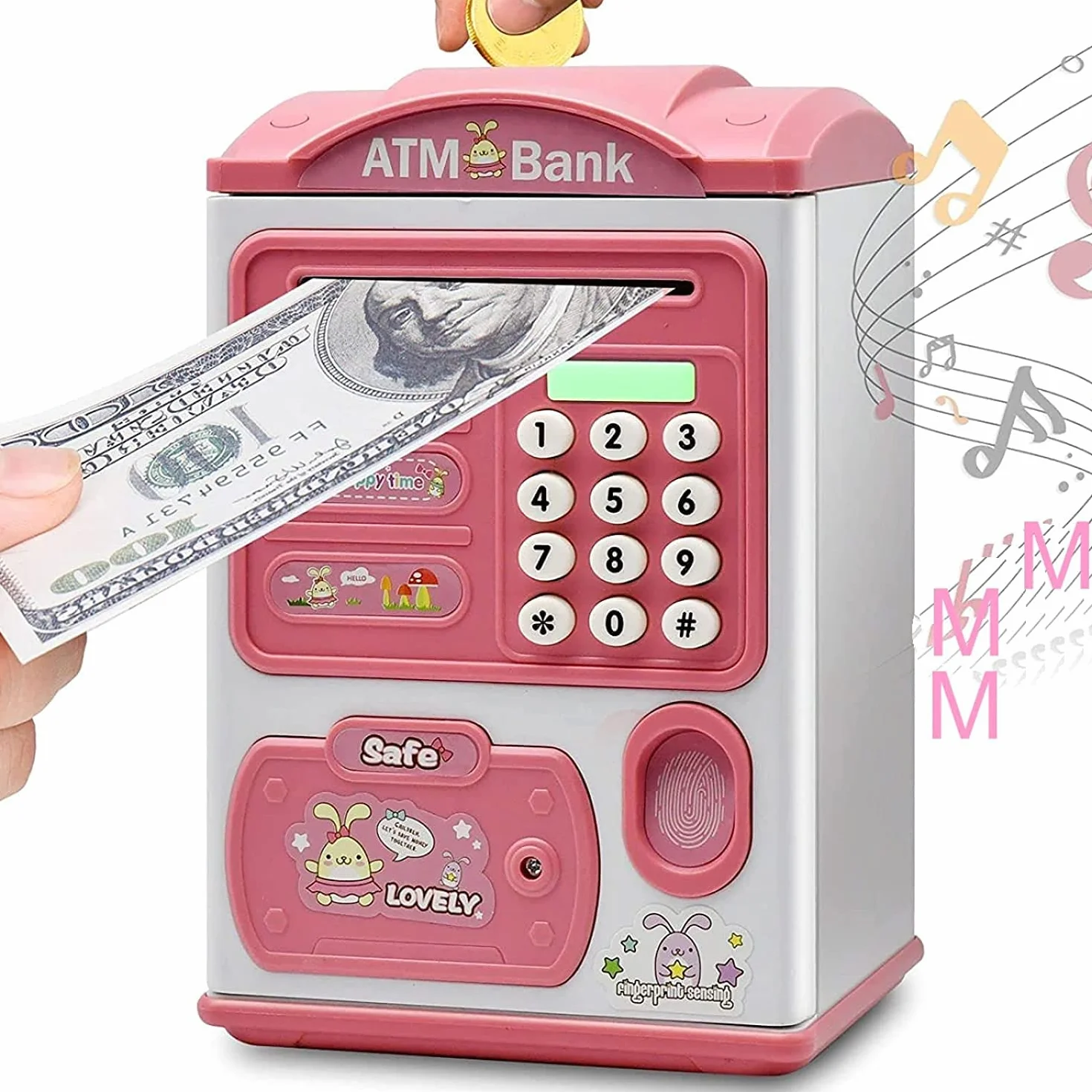 Salvadanaio con impronte digitali e codice password, Salvadanaio per Bambini, Mini Bancomat, Monete e Banconote Cassaforte Cassa di Risparmio, Compleanno Regalo di Natale per Ragazzi e Ragazze (Rosa)