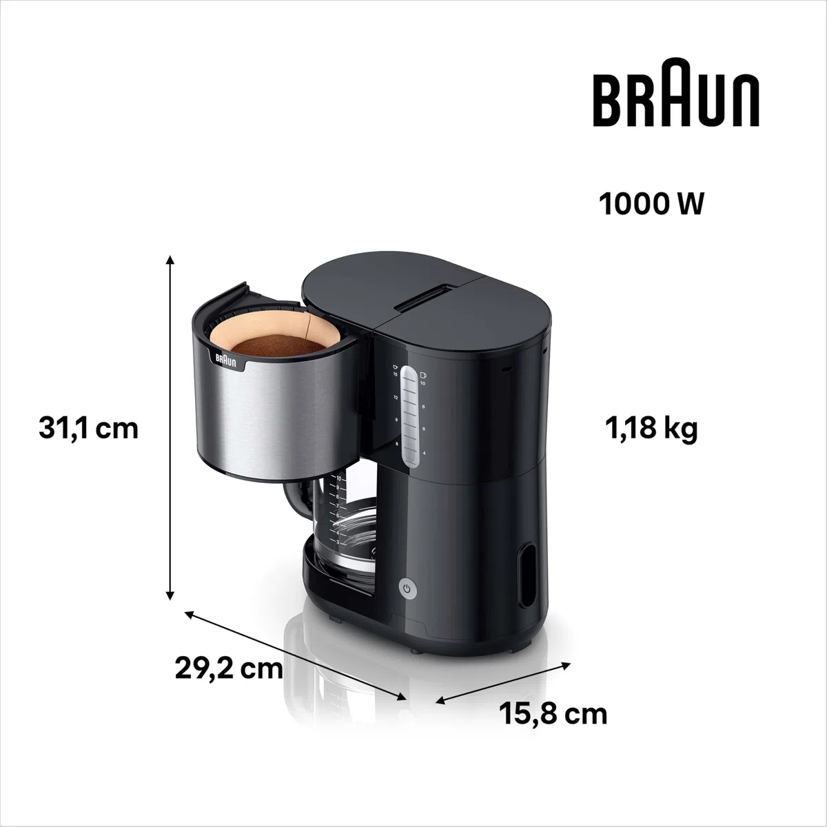 Braun Household PurShine KF 1500 BK - Macchina da caffè con filtro con caraffa in vetro per fino a 10 tazze, sistema OptiBrew, spegnimento automatico, 1000 Watt, colore: Nero