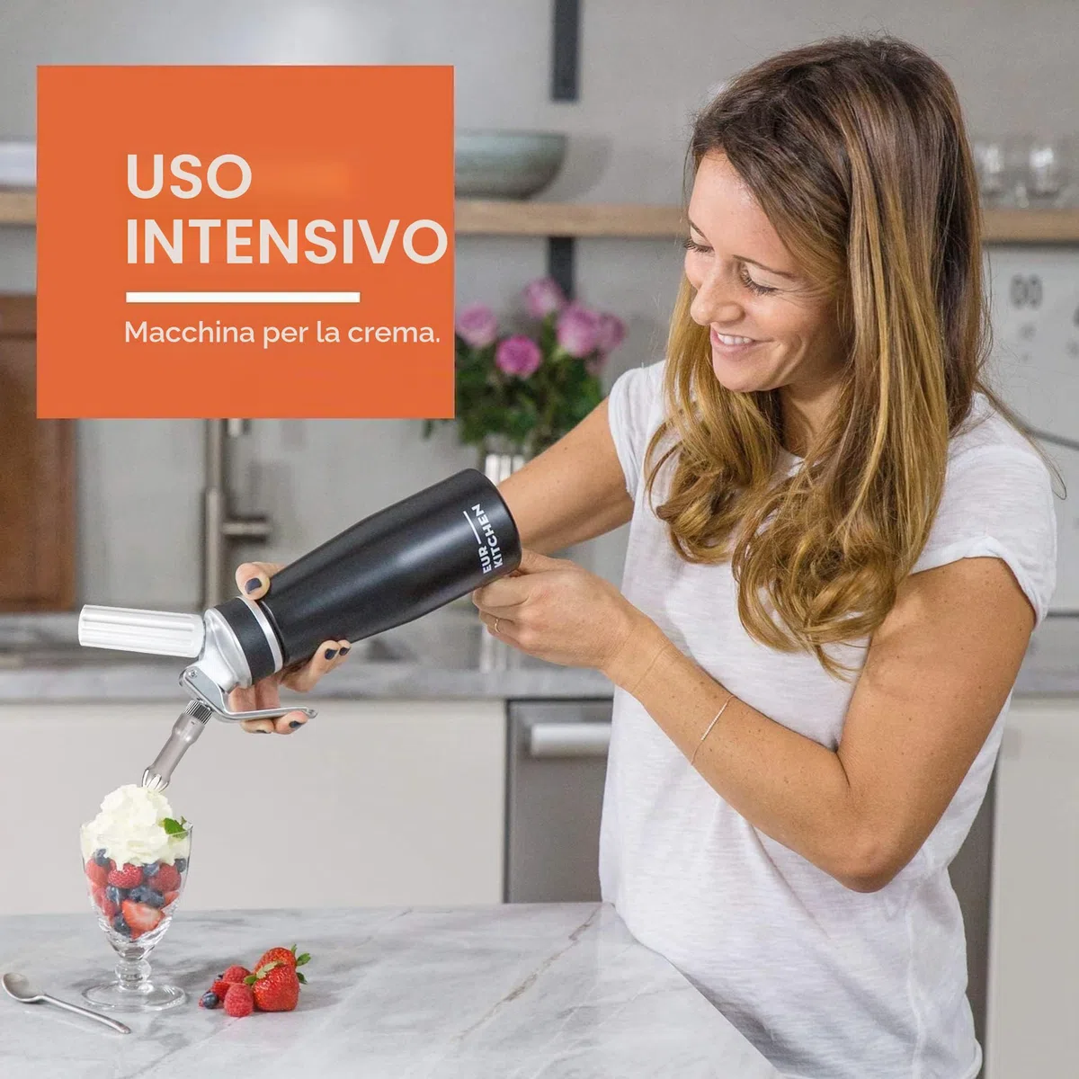 EurKitchen Sifone da Cucina per Panna Montata in Alluminio - Sifone Panna Professionale Anti Perdite - con 3 Punte Decorative e Spazzola per Pulizia - Montapanna da 500 ml - Cartucce N2O Non Incluse