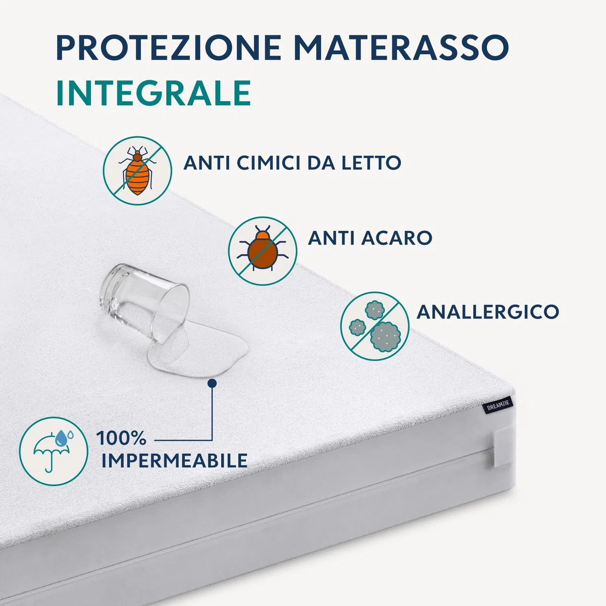 Dreamzie Coprimaterasso Matrimoniale Impermeabile 160x200x25 cm - Coprimaterasso Antiacaro Integrale con Chiusura a Zip per Allergici