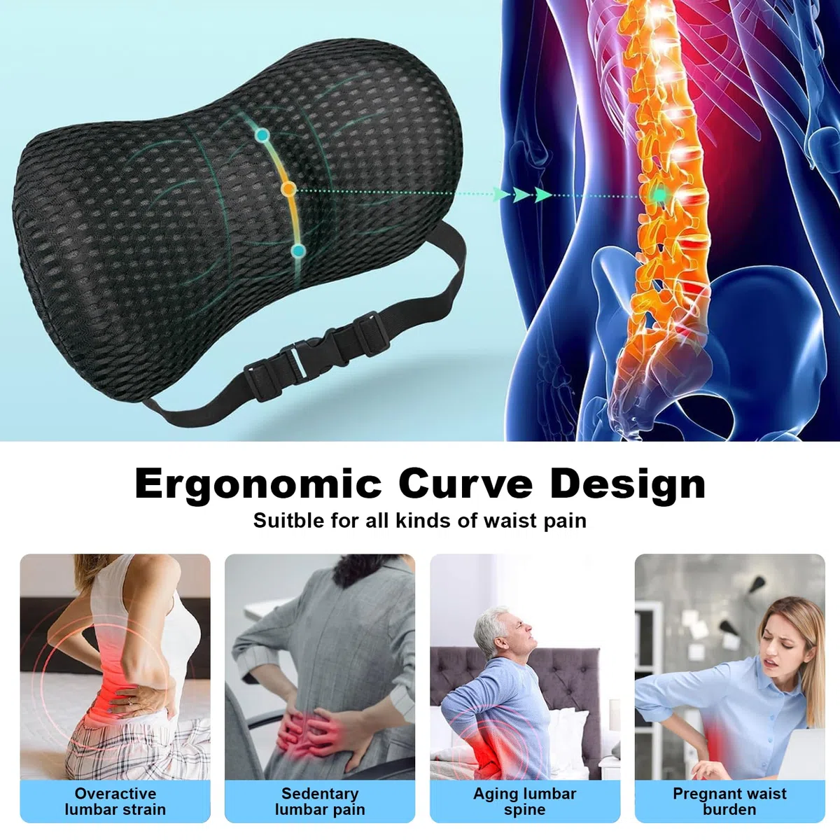 Cuscino Lombare Sedia Ufficio, Supporto Lombare per Auto Letto, Cuscino per Schiena Ergonomico In Memory Foam, Cinghia Regolabile per Divano, Rete Traspirante 4D, per Divano, Letto e Casa