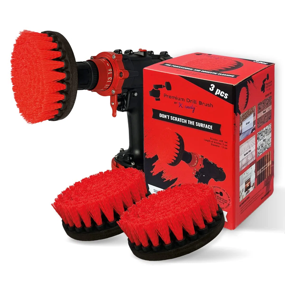 Spazzola Premium per Trapano-Rigida, Rossa, Set 3 Pezzi, 13cm. Spazzola di Pulizia Professionale.Non Graffia le Superfici.Per Garage,Piastrelle,Pietra,Camino e Pulizia dei Cerchioni dell'Auto