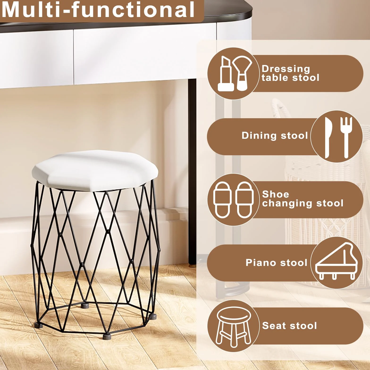 WOLTU Sgabello per Toeletta Trucco, Sedia da Trucco, Sgabello Basso, Seduta in Velluto e Telaio in Metallo, 30x30x44cm, per Camera da Letto, Soggiorno, Ingresso, Bianco + Nero, MB6111wsz