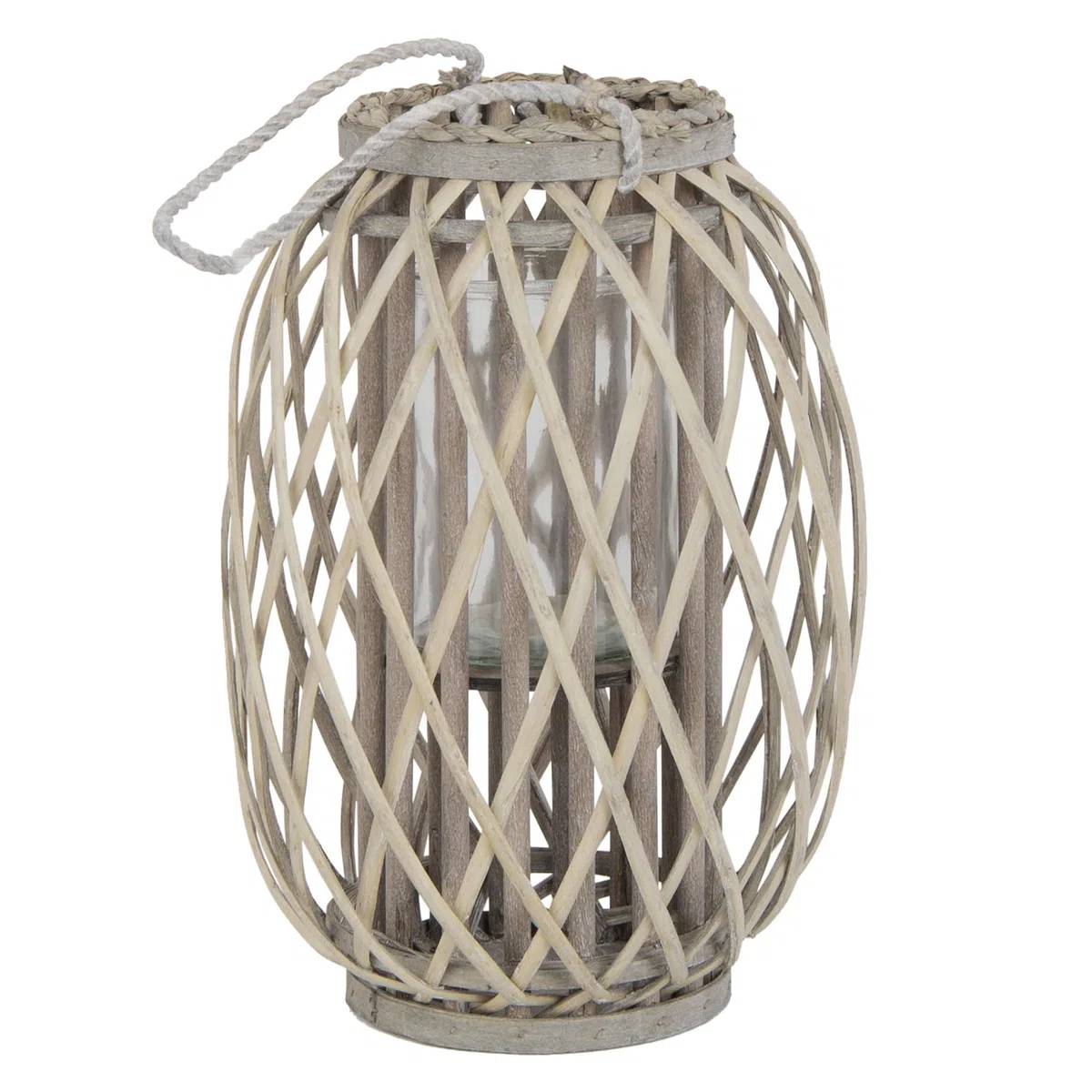 ECD Germany Lanterna Decorativa con Manico 40 x Ø 26 cm Legno Naturale Grigio/Marrone con Vimini Portacandele Rustica con Inserto in Vetro retrò da Giardino Terazza o Balcone per Interno o Esterno
