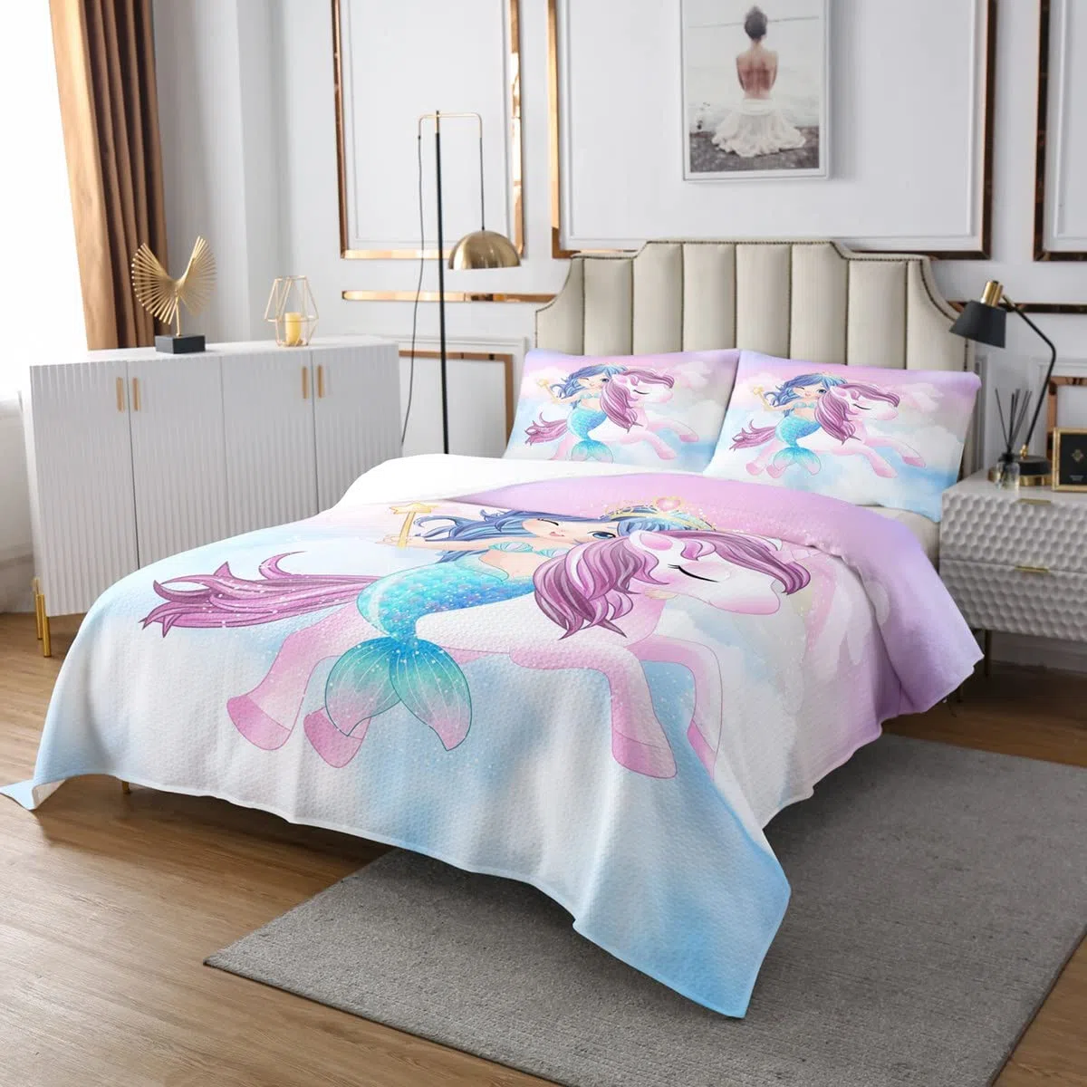 Set di copriletto trapuntato per bambini ragazzi e ragazze motivo sirena unicorno per letto 170X230cm