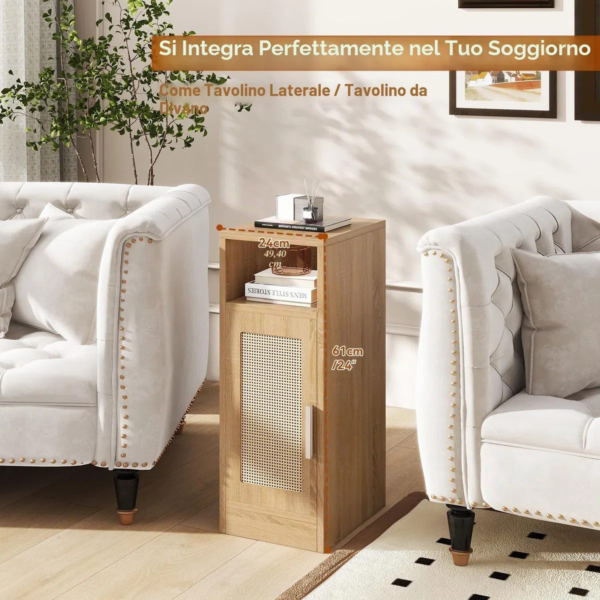 IBUYKE Set di 2 comodini sottili, comodino in rattan con scomparti aperti e armadio per piccoli spazi, tavolino laterale piccolo e stretto per camera da letto e soggiorno, naturale WNS012N-2