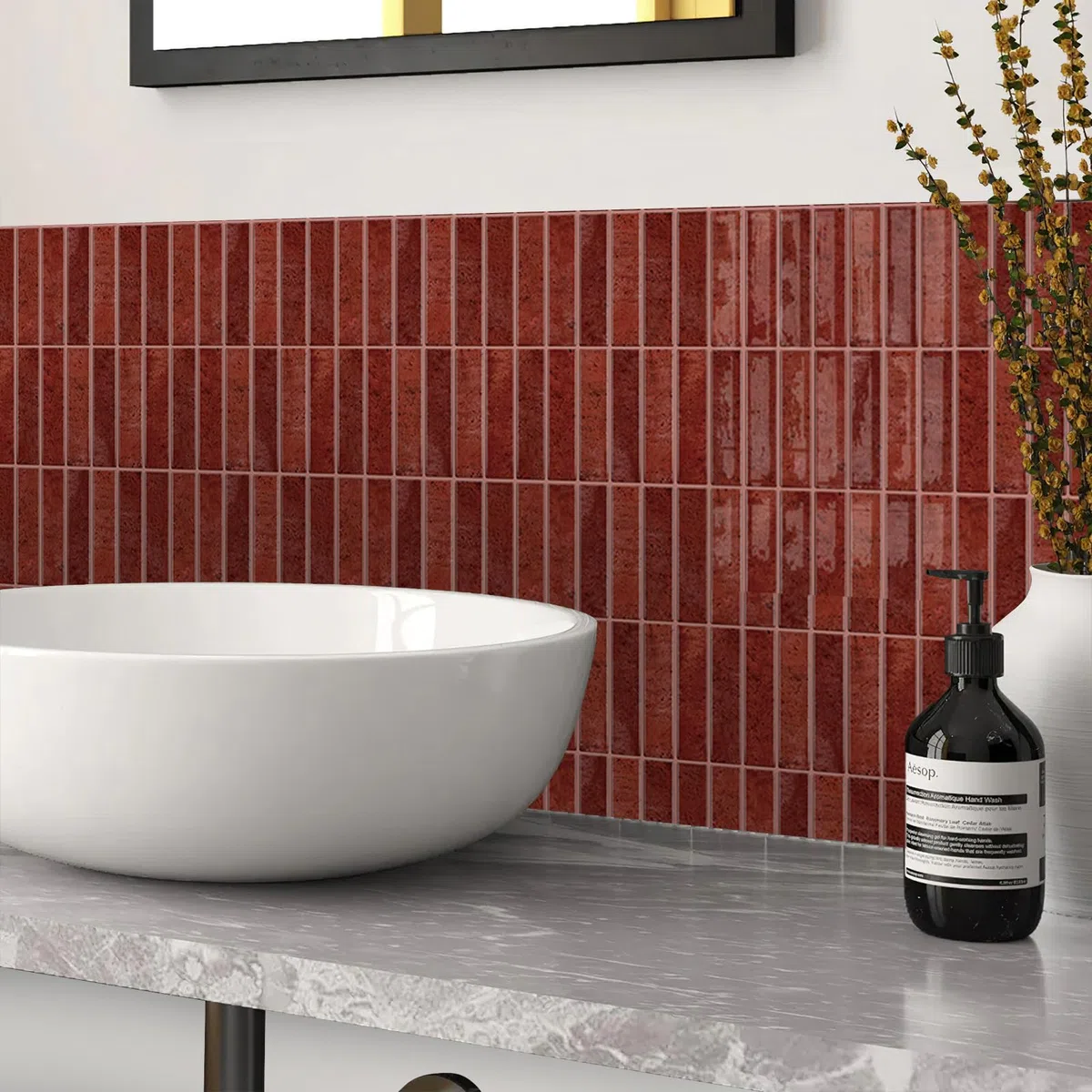 Alwayspon Piastrelle autoadesive da parete, 20 x 25 cm x 10 pezzi, in vinile, stile marmo rosso, piastrelle adesive da parete per cucina e bagno