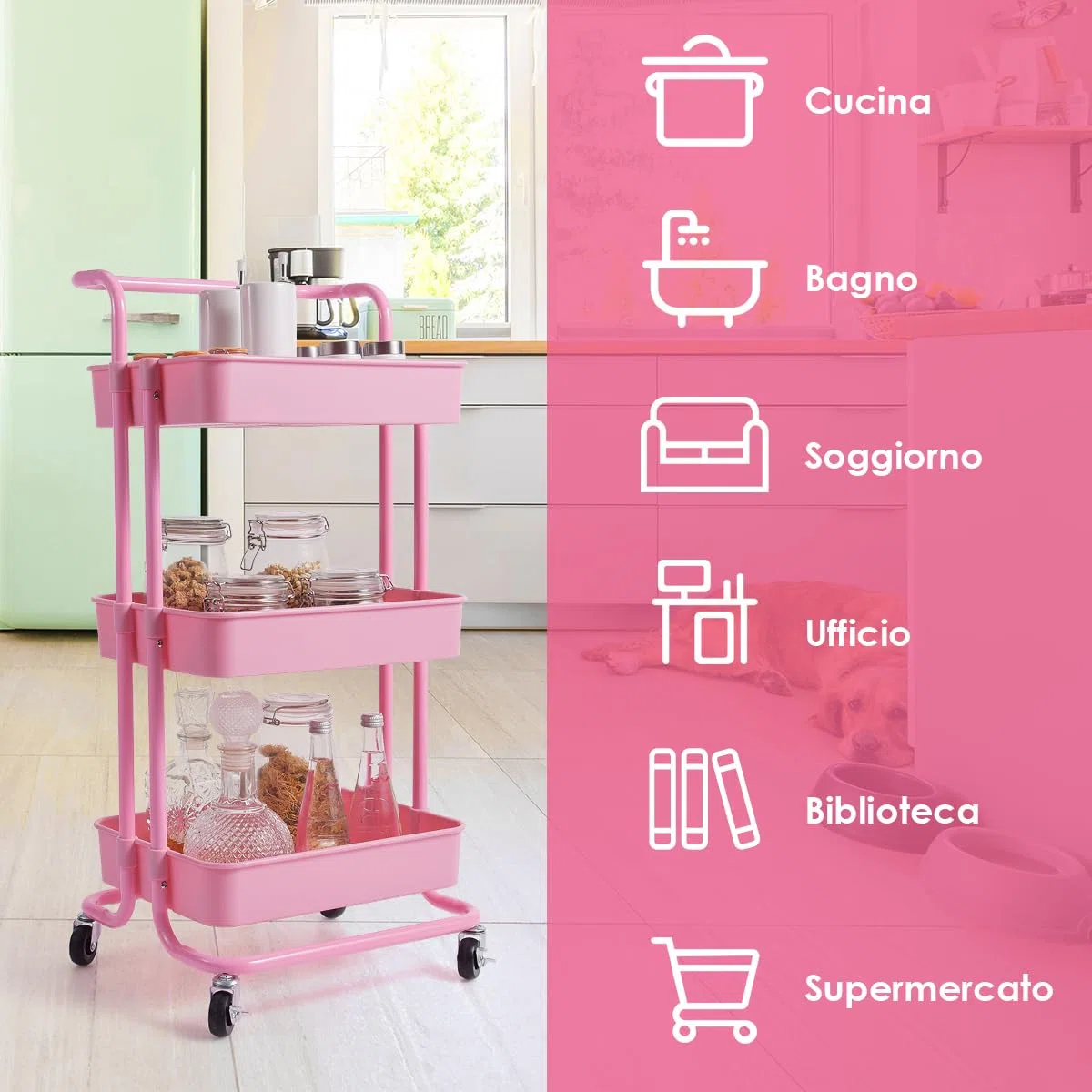 GYMAX Carrello Portaoggetti con Ruote, 3 Cassetti, Carrellino Organizzatore Salvaspazio, per Uffici, Parrucchieri, Studio, Soggiorno, 42x35x87cm (Rosa)