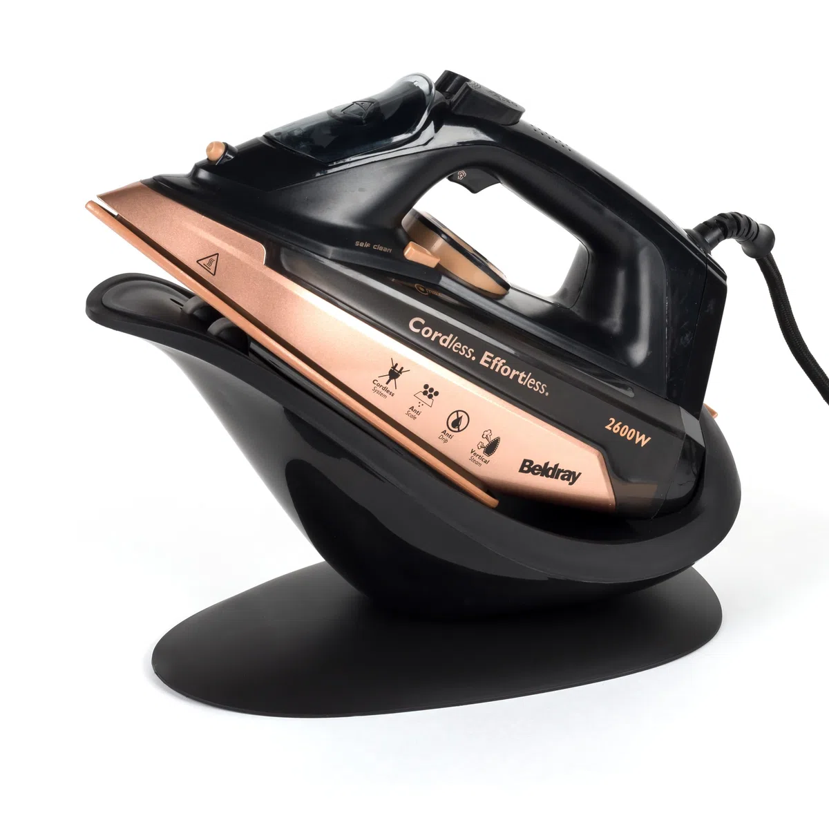 Beldray Ferro da stiro a vapore portatile 2 in 1 - Grande stazione a vapore senza fili, piastra in ceramica, serbatoio dell'acqua da 300 ml, uso con cavo/senza fili, 2600 W, BEL0747NRGFVDE