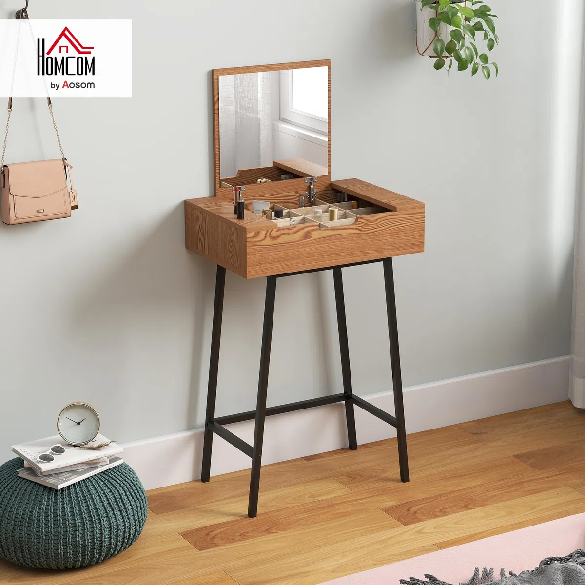 HOMCOM Toeletta Trucco Elegante con Specchio Ribaltabile e 16 Scomparti Nascosti, Tavolo da Trucco in Legno e Acciaio Moderno, Postazione Make Up per Camera da Letto, 60x40x90 cm, Colore Legno