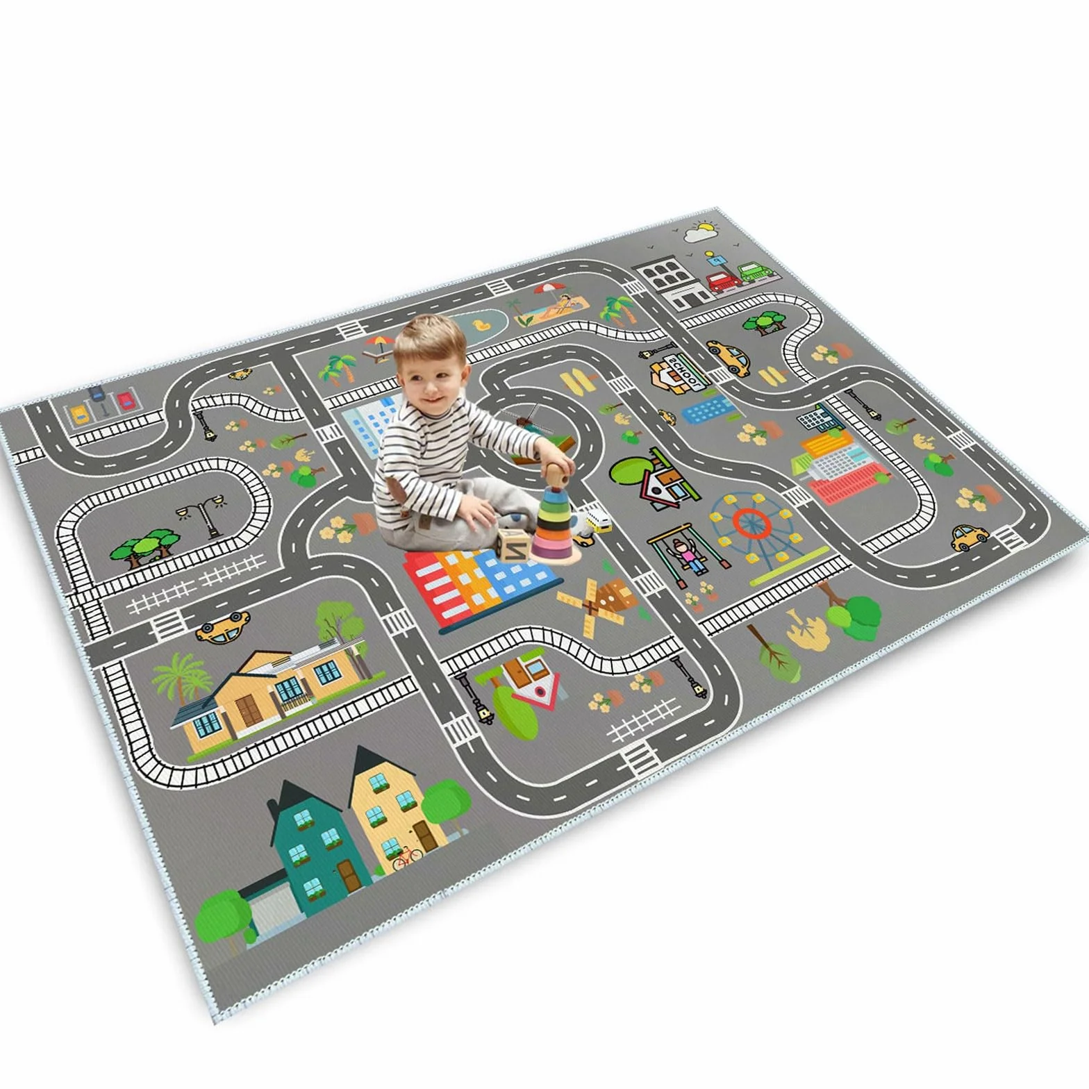 Tappeto da gioco per bambini, ragazzi e ragazze, tappeto per costruzione, area educativa della città, per camera da letto e camera dei giochi (A,80 x 120 cm)