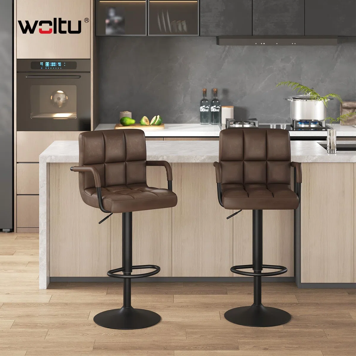 WOLTU Sgabello da Bar PU Vintage Sedia per Cucina Girevole con Schienale Braccioli Marrone