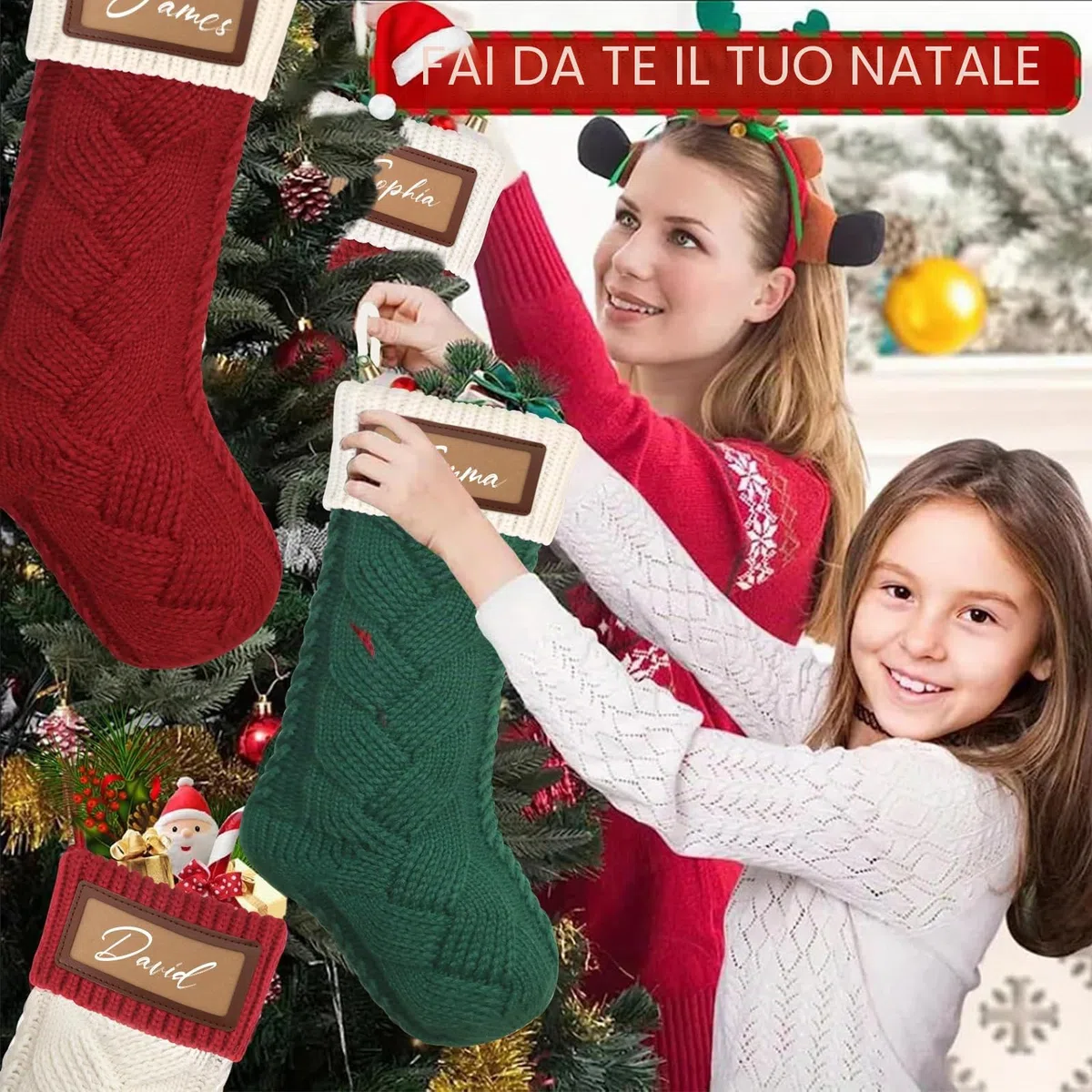 Dremisland 4 Pezzi Calza Befana Personalizzata Calze Natalizie da Appendere con Nome 46cm Calzini Grandi in Maglia Appendibili Calza Befana Natale per Camino Albero Natale Decorazioni Feste di Natale