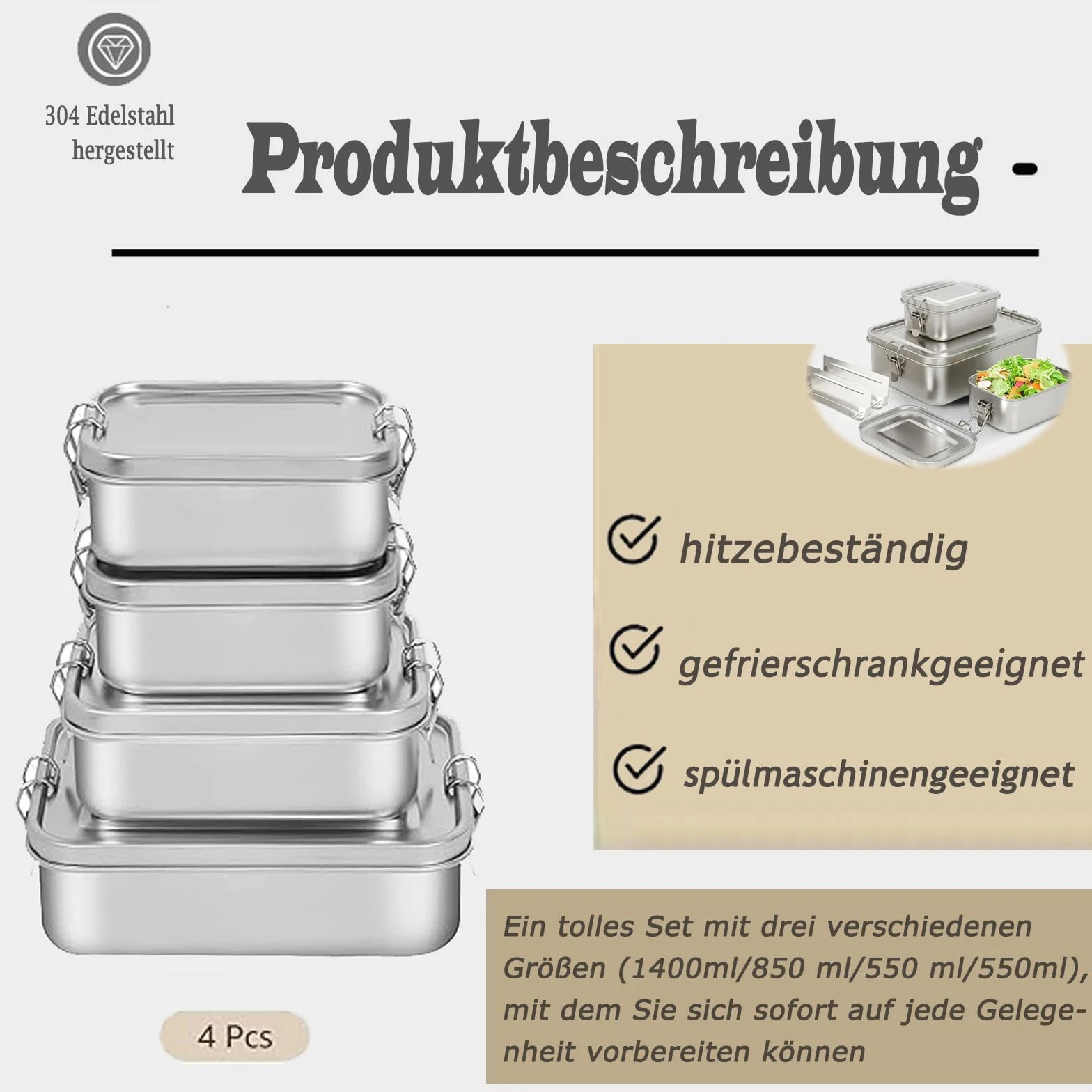 Confezione da 4 contenitori per alimenti in acciaio inox 304, per insalata e pasti residui, a prova di perdite, in acciaio inox grande (550 x 2/850/1400 ml)