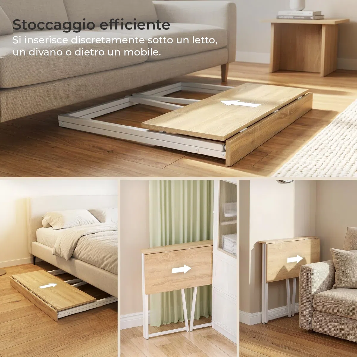 MEUBLE COSY Scrivania per Computer Pieghevole Postazione di Lavoro per Ufficio, Studio, Piccoli Spazi, Facile da Montare, Struttura in Metallo, Rovere e Bianco, 80x44x74cm