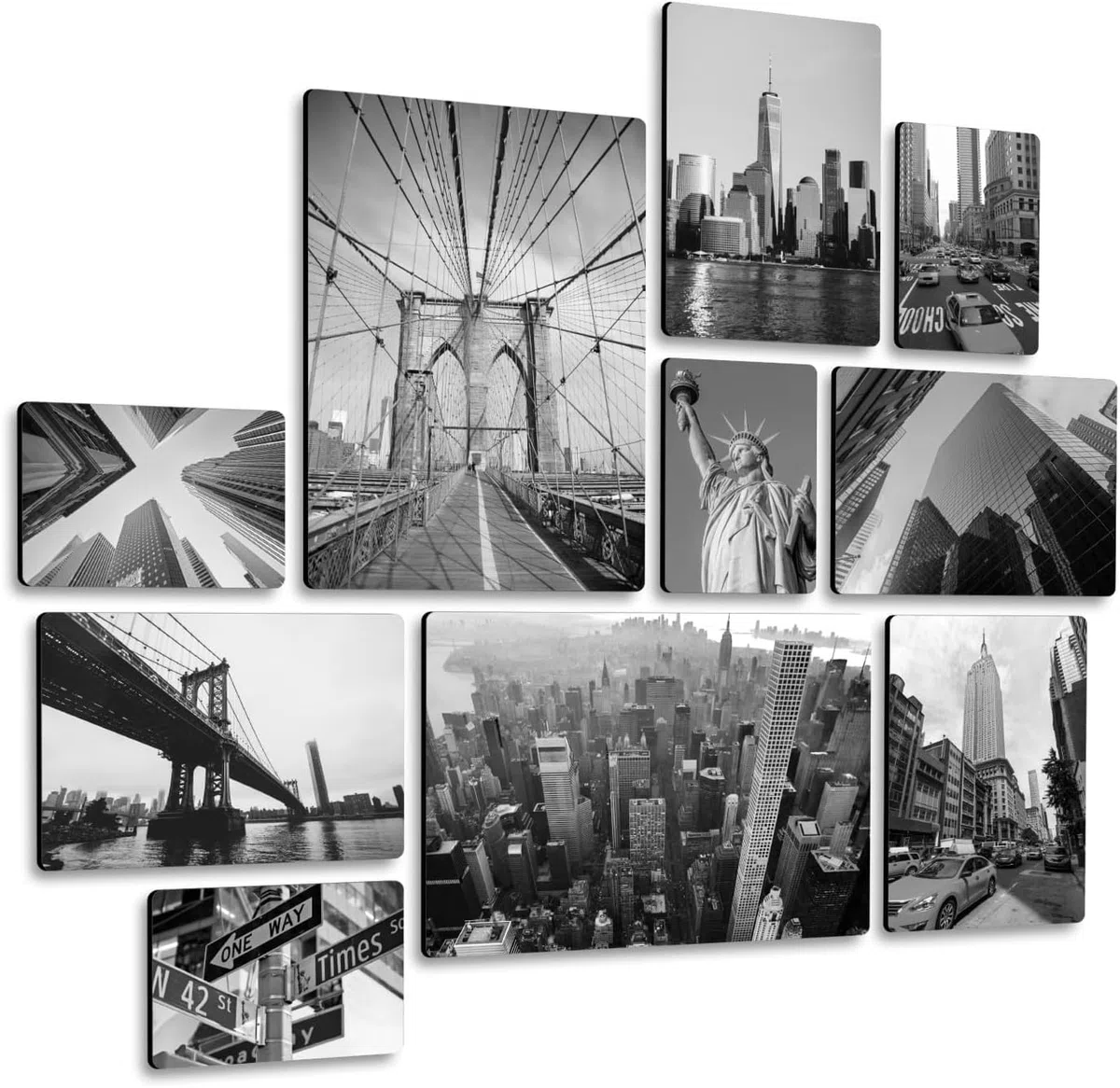 Giallobus - Set 10 quadri Multi pannello - Città - New York B&W - Legno Mdf - - 2 x 42x29,7cm - 4 x 29,7x21cm - 4 x 21x14,85cm - - Pronti da appendere - Quadri moderni per la casa