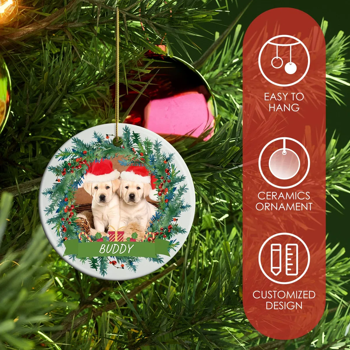 ALBK Ornamento natalizio personalizzato per cani - Ornamenti per animali domestici personalizzati per albero di Natale 2024, ornamenti fotografici personalizzati con nomi, ornamento in ceramica per la