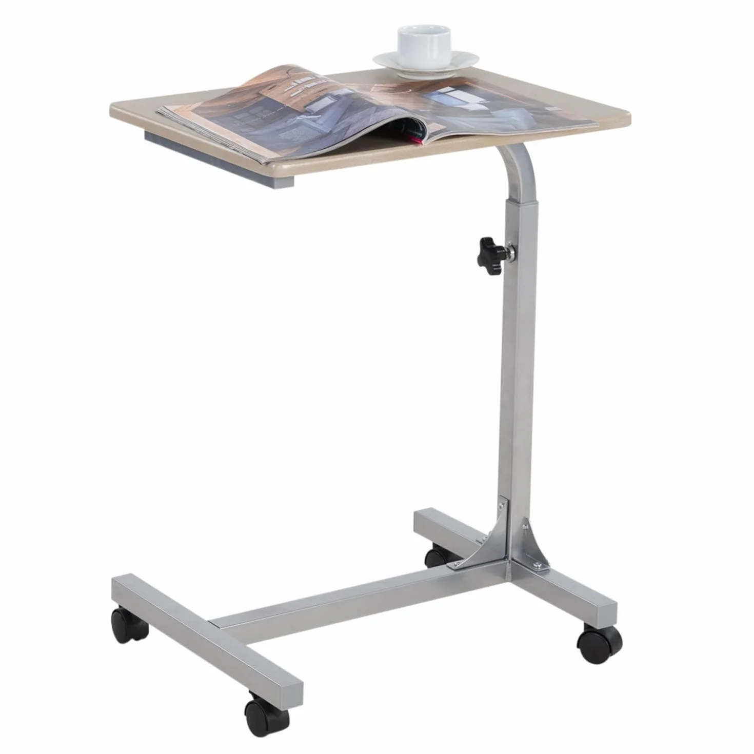 MEUBLE COSY Tavolino da Letto con 4 Ruote Comodino Altezza Regolabile Tavolo da Caffè Carrello in Legno Metallo per Soggiorno Camera da Letto Ufficio, Quercia