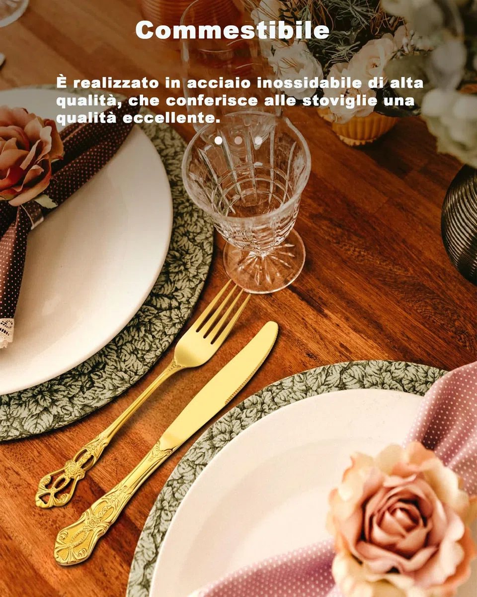 Set Posate 24 Pezzi Stile Retro Oro - Elegante Servizio per 6 Persone, Posate in Acciaio Inox con Finitura Antica Barocca, Set Completo con Forchette, Cucchiai e Coltelli