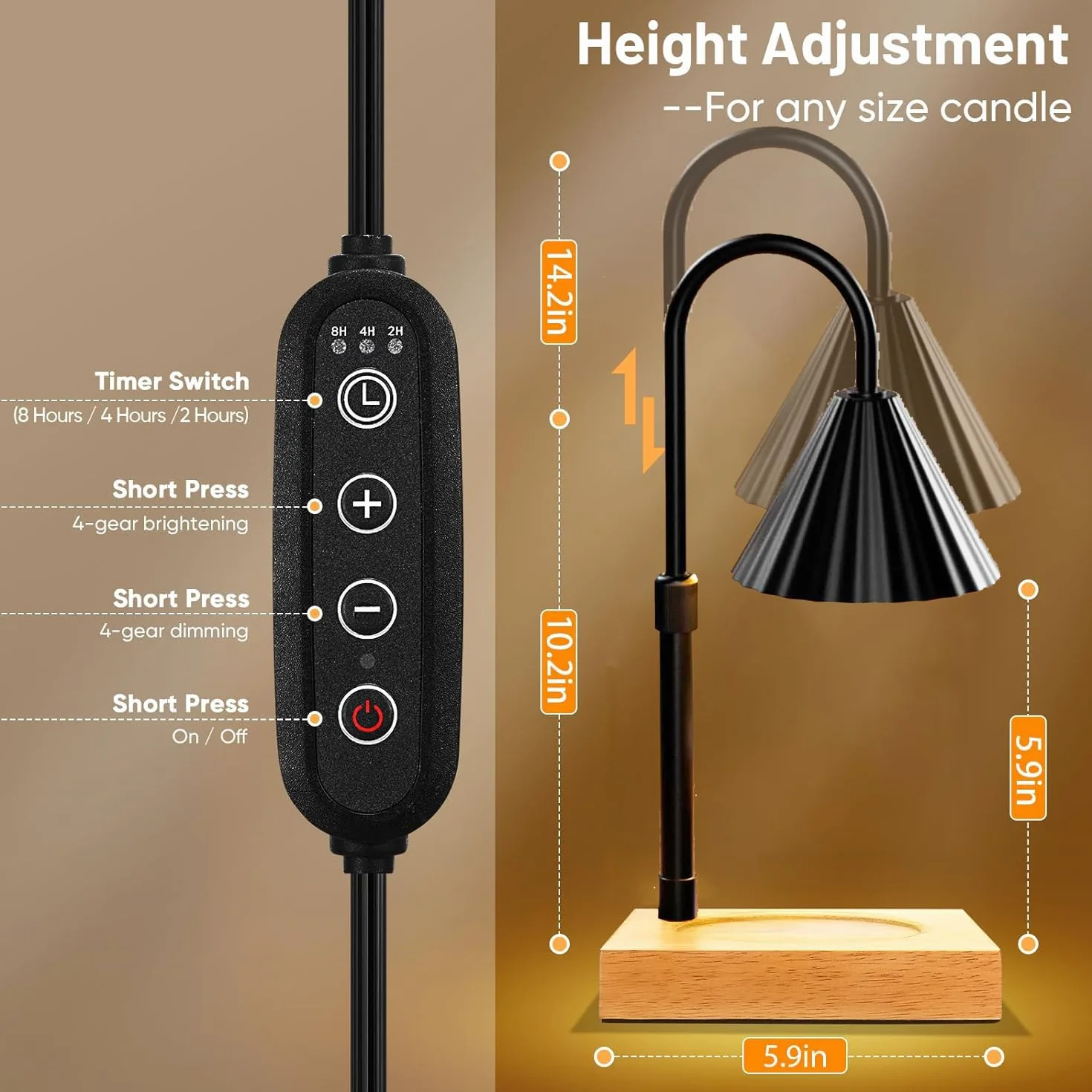 Lampada a Candela,Lampada per Sciogliere Le Candele Dimmerabile con Funzione Timer per Cera Profumata in Barattolo, Altezza Regolabile Lampada Riscaldante a Candela