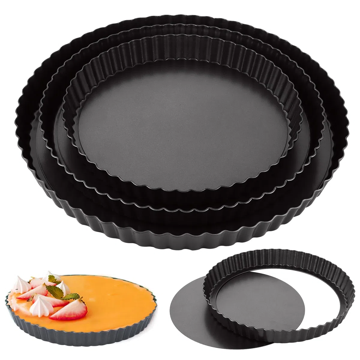 3 Teglia Crostata Fondo Removibile, 22/26/30 cm Stampo Furbo per Crostata Morbida, Stampo Crostata per Sicurezza, Torte Frutta, Torte