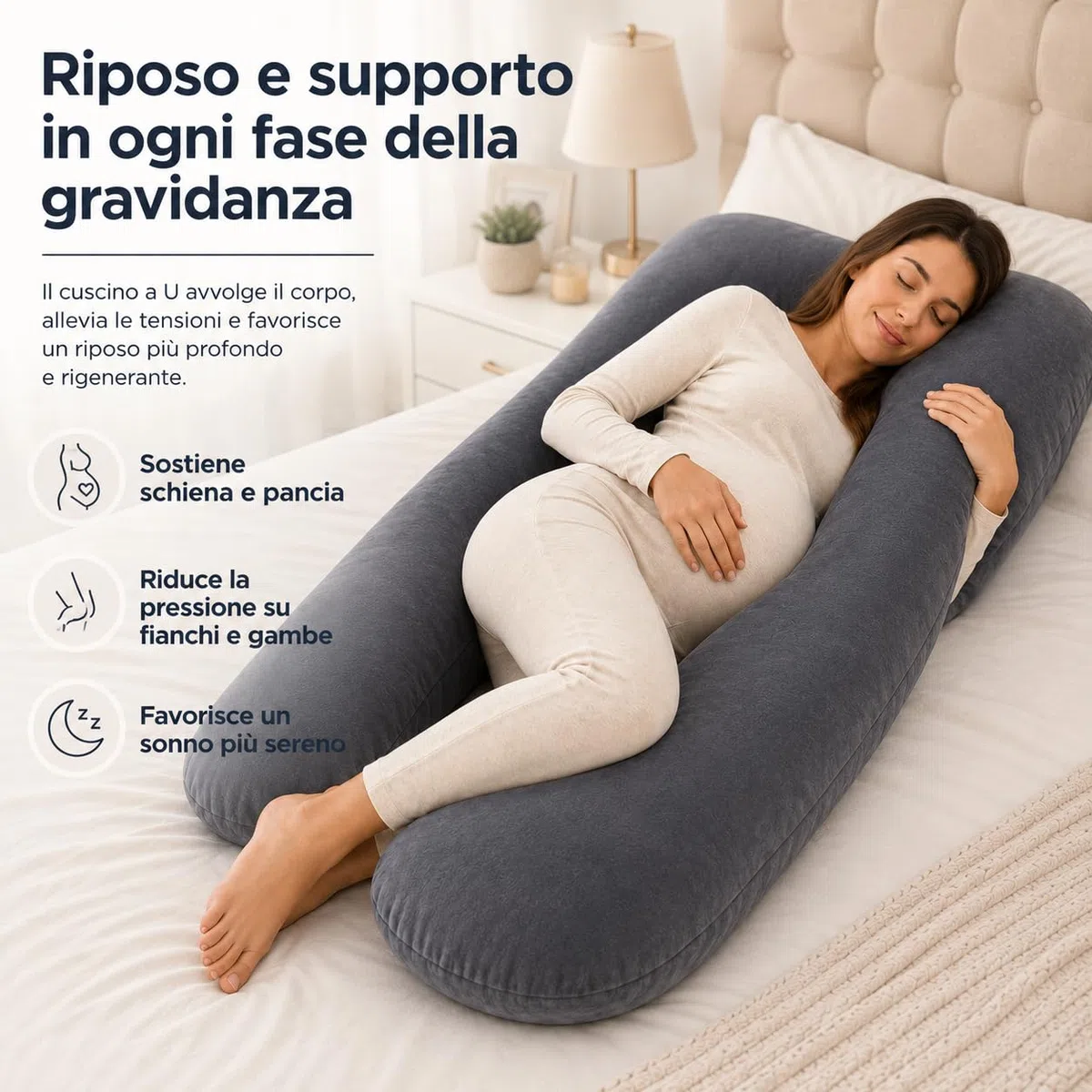 Cuscino Gravidanza per Dormire a Forma di U - Cuscino Allattamento e Premaman - Supporto Ergonomico per Schiena, Pancia e Gambe - Federa in Velluto Sfoderabile e Lavabile