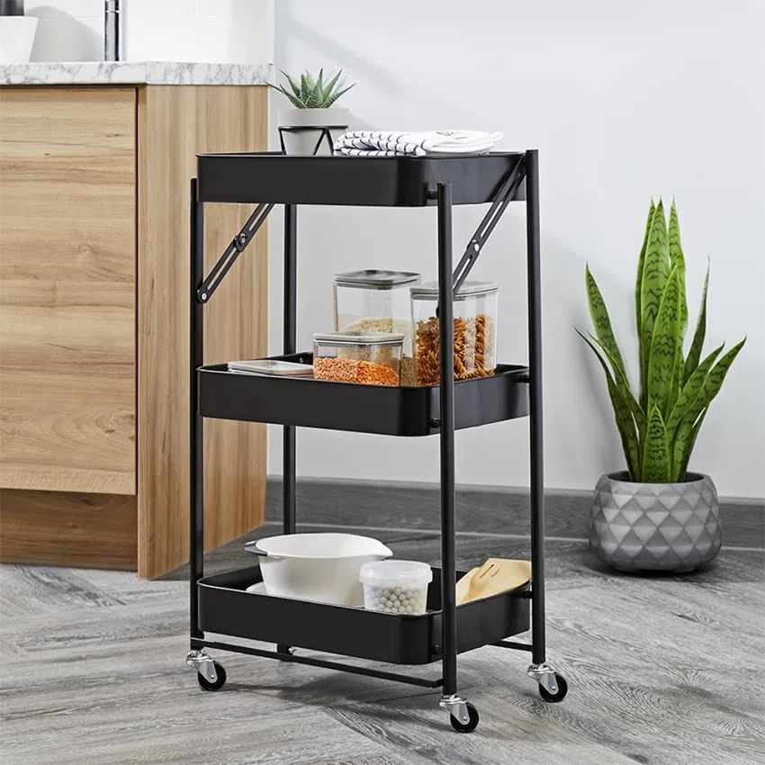 Carrello da cucina pieghevole portavivande 3 ripiani con ruote Pikas - Nero