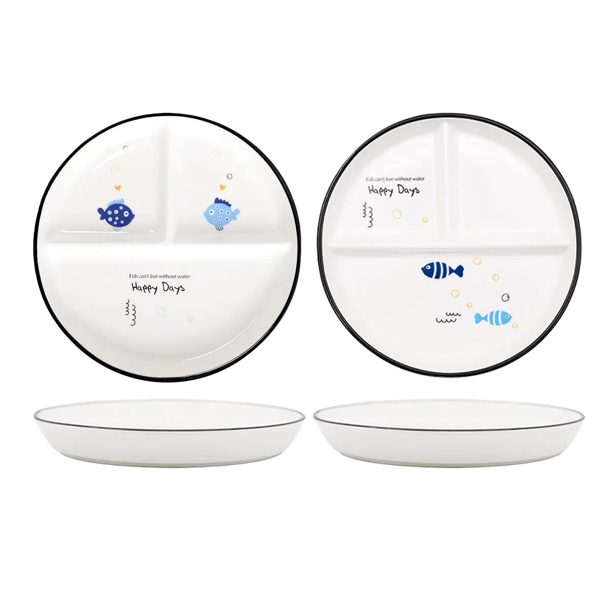 2 Pezzi Piatti da pranzo Ceramica, Piatti Divisi In Ceramica, Piatti Snack Con Scomparti, Per Pasti Divisi, Feste, Snack, Insalate, Dessert (Motivo Pesce)
