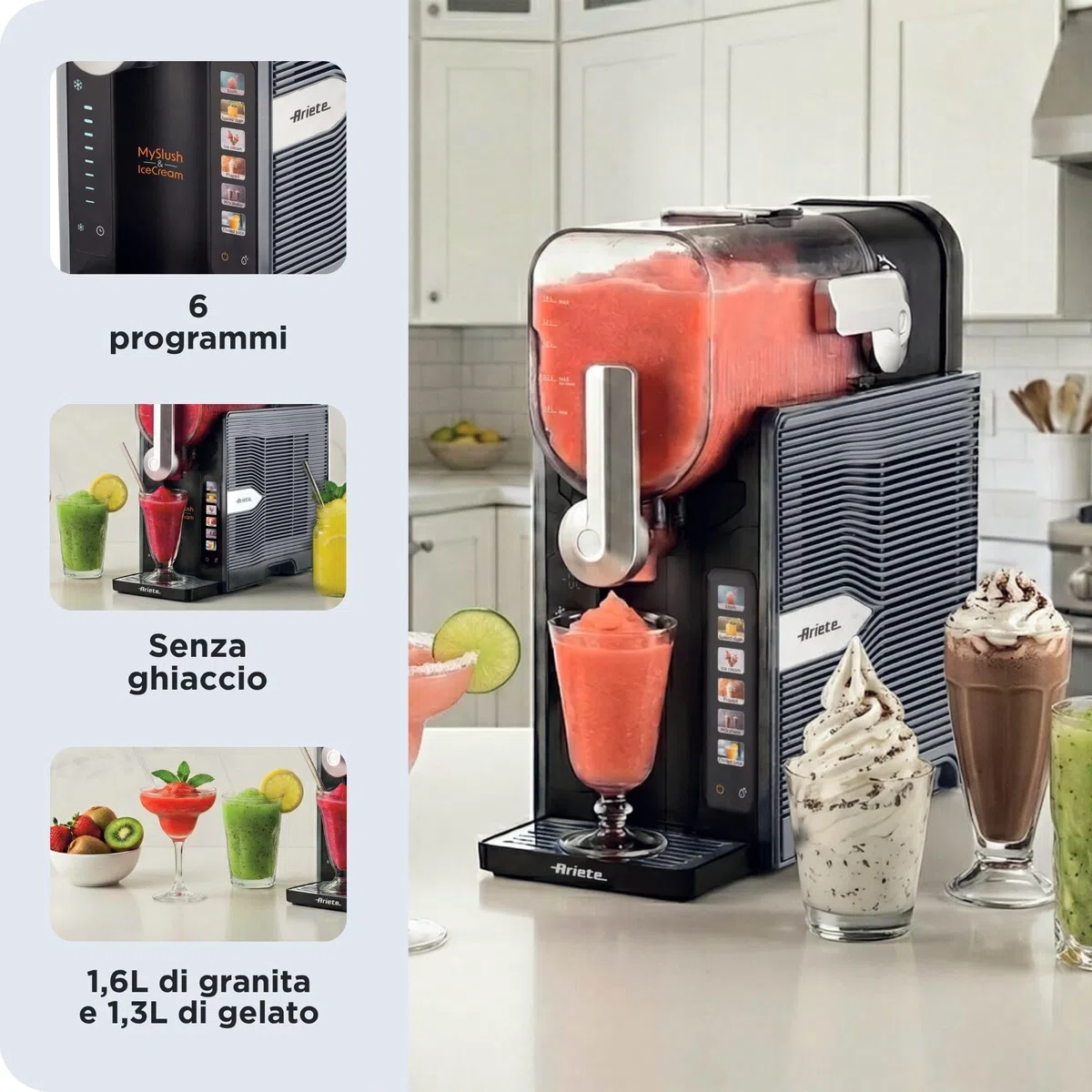 Ariete 655/00 MySlush & IceCream, Macchina per granite, gelati e frozen drink, Serbatoio 2,6L, 30-60 minuti di preparazione, 6 programmi automatici, Senza ghiaccio