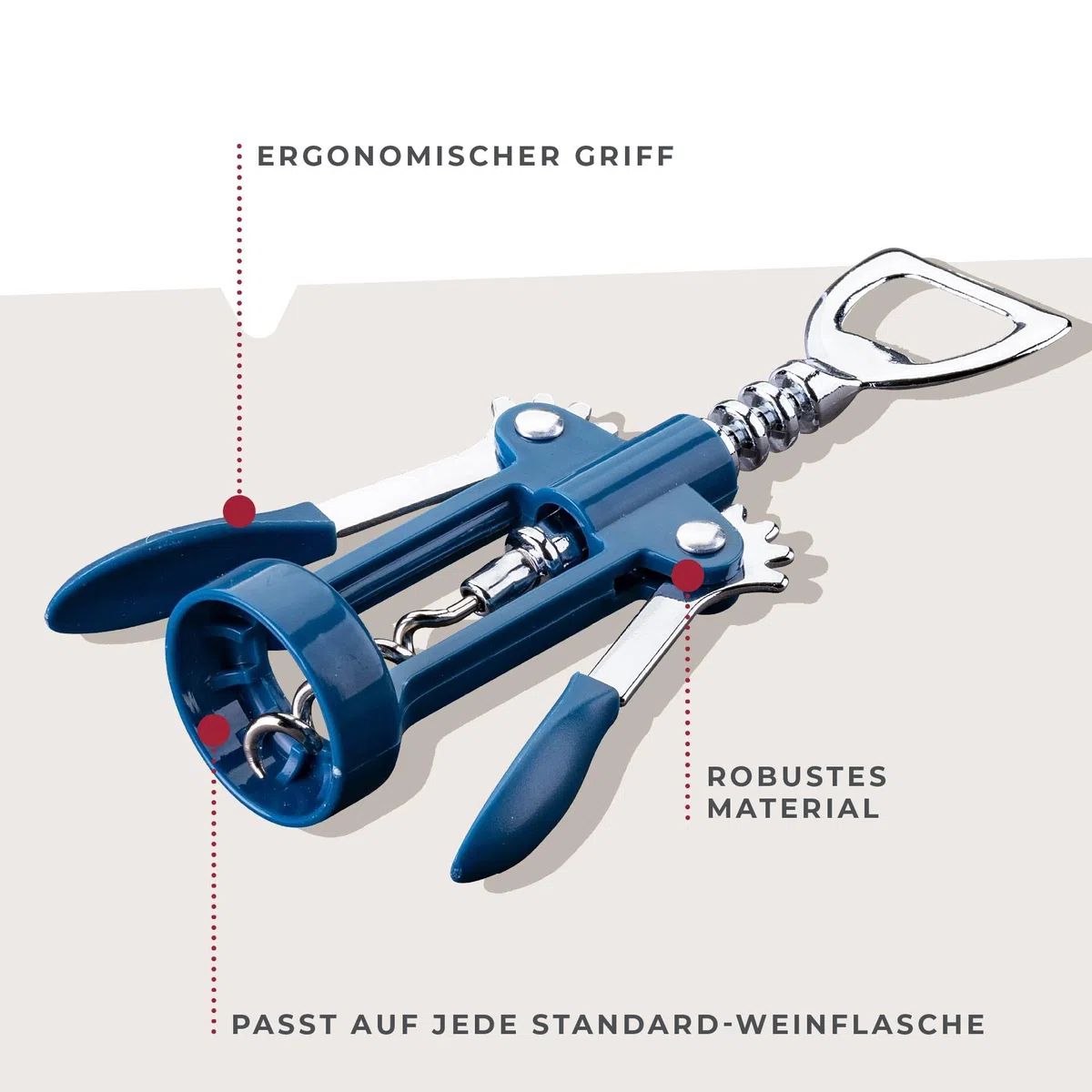 Fackelmann Cavatappi a leva Essential, apribottiglie multifunzione per vino & Co, blu scuro/argento