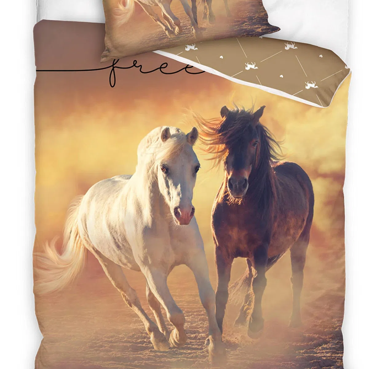 Set di biancheria da letto con cavalli, 135 x 200 cm, con motivo di cavalli, federa 80 x 80 cm, copripiumino 135 x 200 cm, 100% cotone
