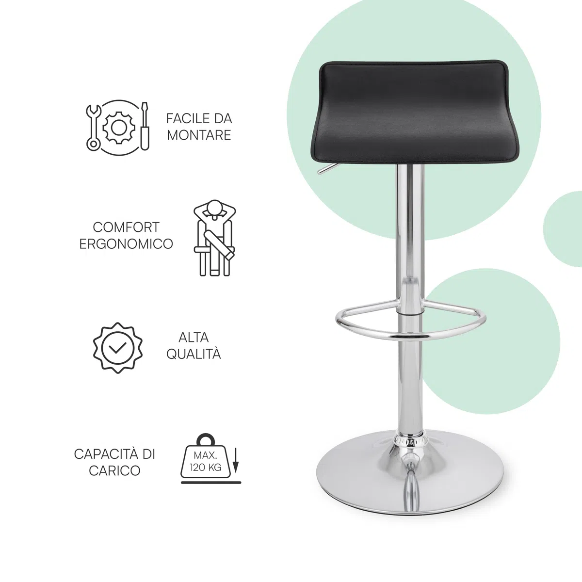 Baroni Home Sgabello Bar Girevole con Altezza Regolabile, Base Cromata con Poggiapiedi e Fondo Antigraffio, Sgabello Cucina, Ristorante, Penisola, Facile da Montare, 38x45x59-79 cm Nero, 1 Pezzo