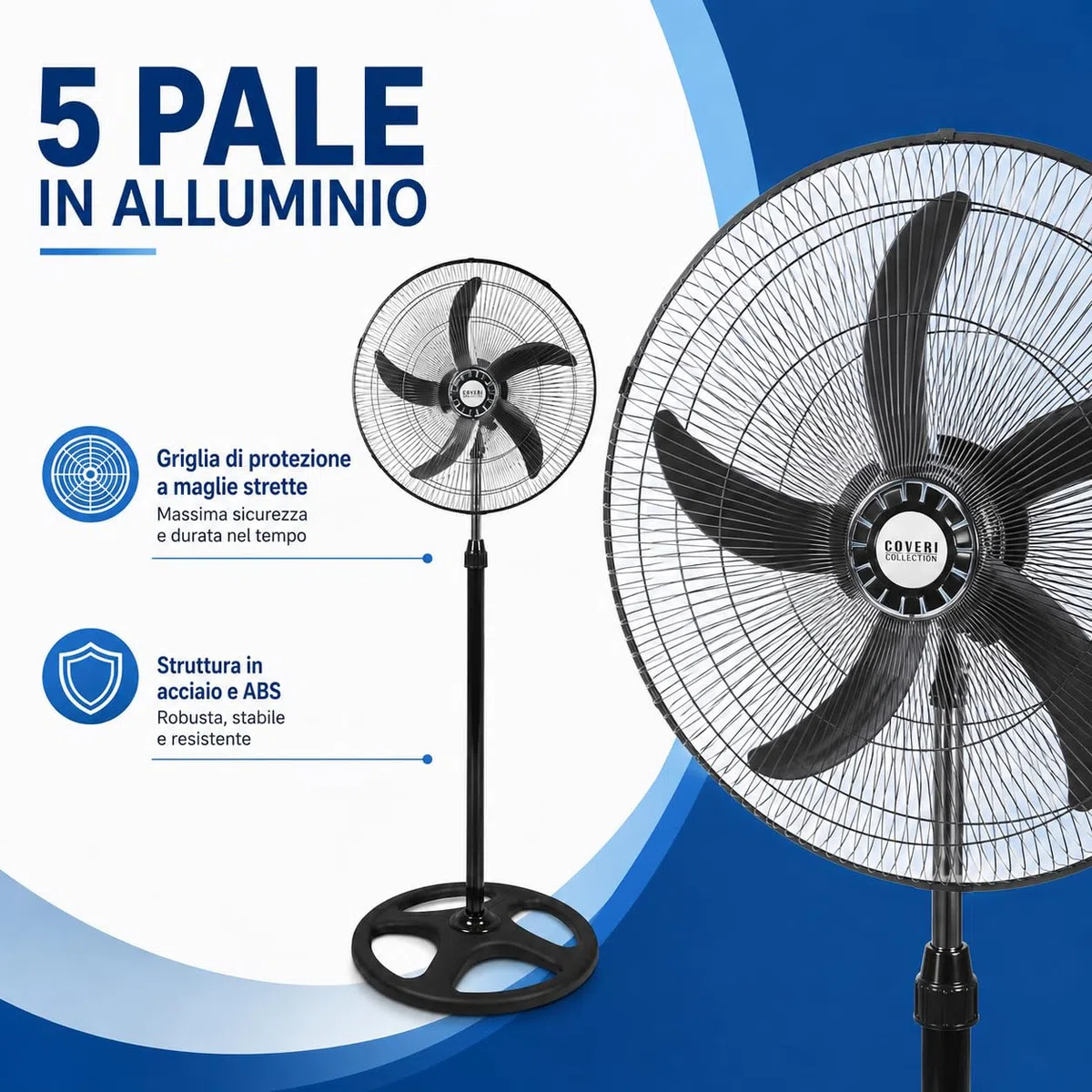 WENZO Ventilatore a Piantana 65W con 5 Pale in Alluminio, 3 Velocità, Oscillazione Laterale Automatica, Altezza Regolabile fino a 125 cm, Ventilatore da Terra Potente per Casa, Ufficio e Negozio
