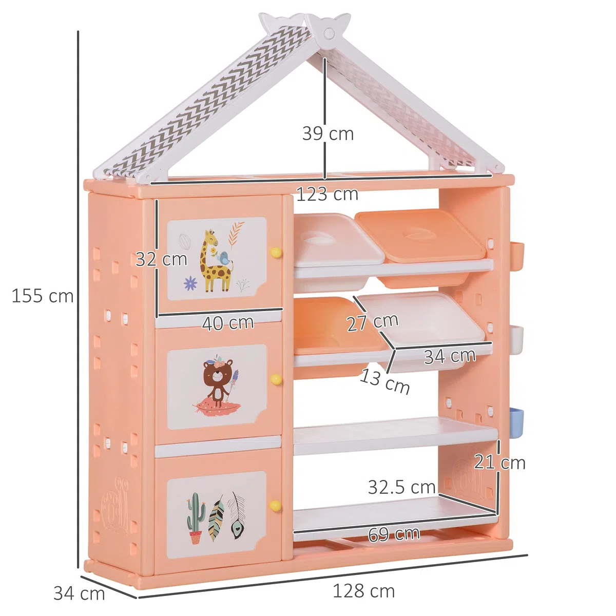 HOMCOM Armadio Cameretta, Mobile Portagiochi con 4 Contenitori, 3 Armadietti e Mensole in PE Arancione, 128x34x155cm