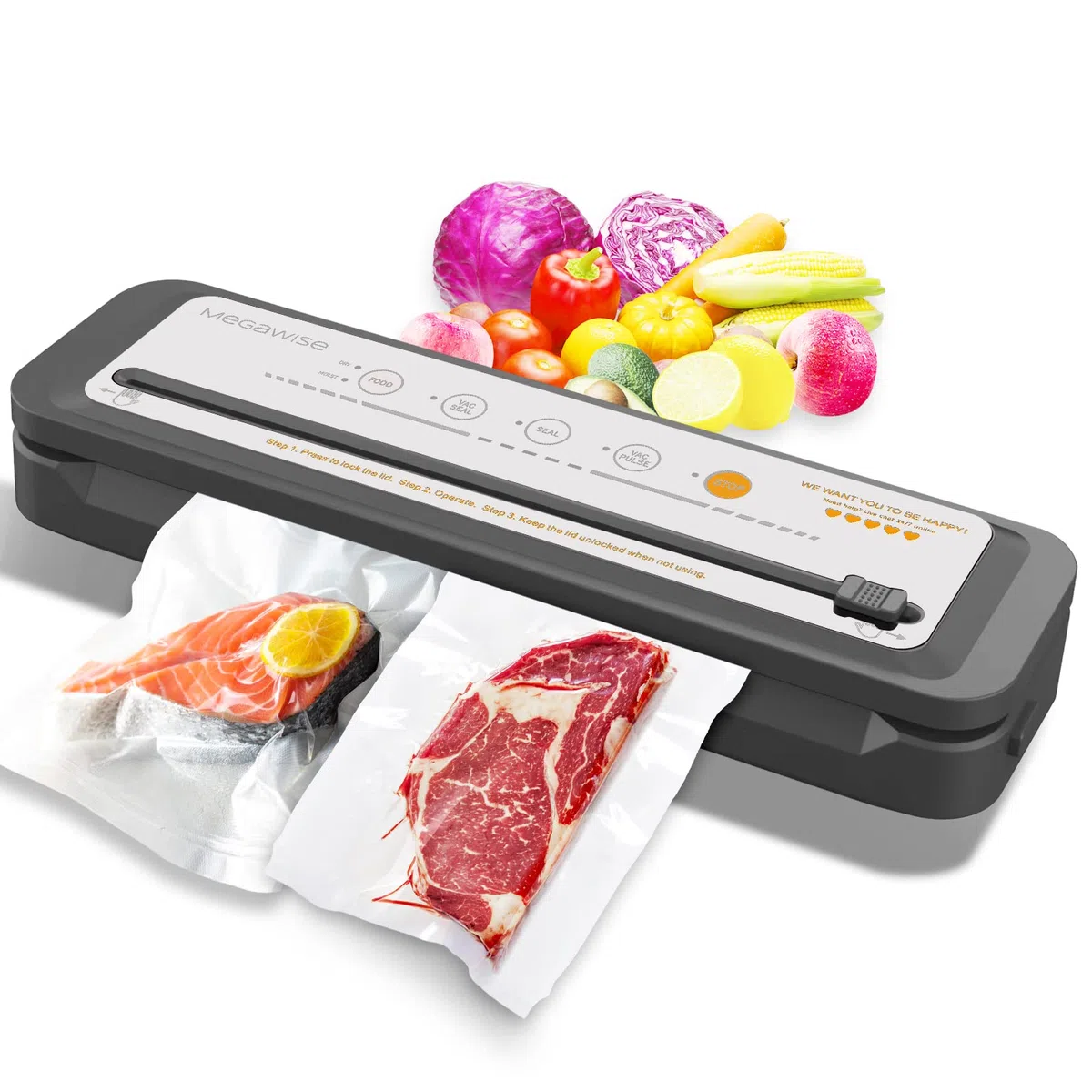 Macchina per sottovuoto MegaWise – Modello 2025, aspirazione potente 80 kPa, sigillatura automatica One-Touch, salva-alimenti compatto con taglierina integrata, 10 sacchetti di avvio inclusi - Argento