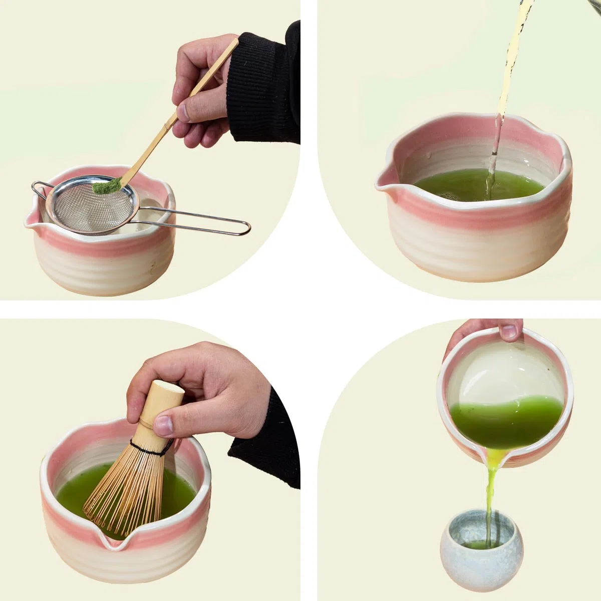 Set di ciotole in ceramica per matcha, 8 pezzi, Frullino Matcha, Ciotola Matcha con beccuccio, Filtro, Supporto e Cucchiaio, Set per Cerimonia del Tè Artigianale, Rosa Sfumato