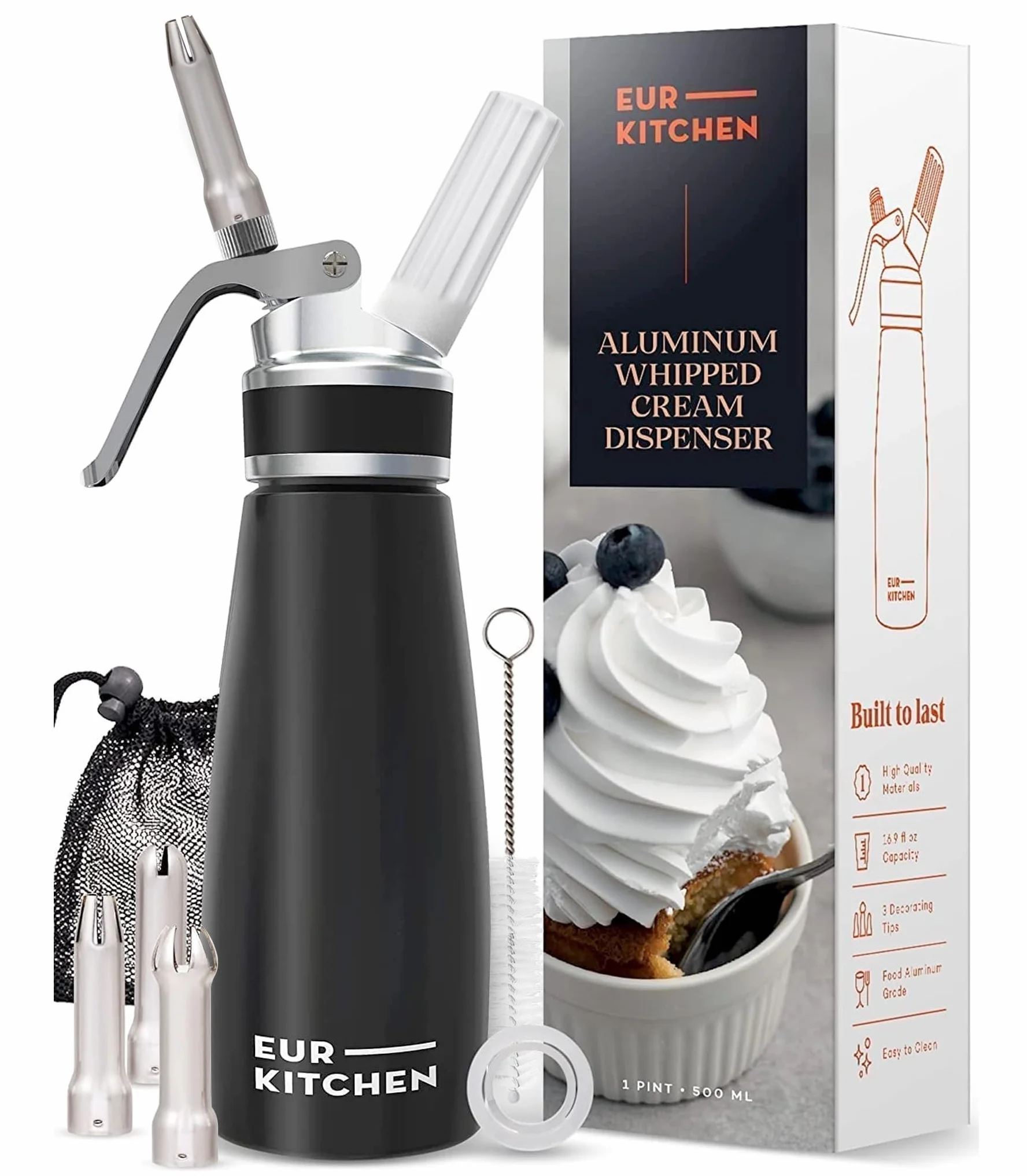 EurKitchen Sifone da Cucina per Panna Montata in Alluminio - Sifone Panna Professionale Anti Perdite - con 3 Punte Decorative e Spazzola per Pulizia - Montapanna da 500 ml - Cartucce N2O Non Incluse