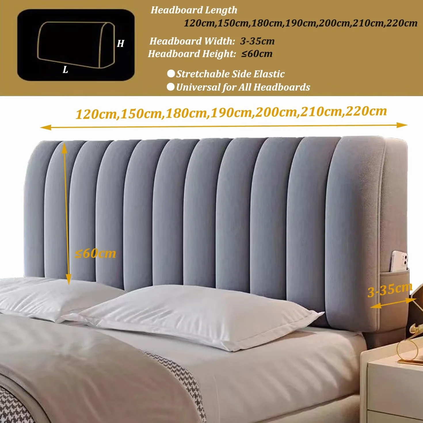 Copritestata Letto Copertura/Copri Testiere Letto Matrimoniale Imbottito Bianco,Velluto Elasticizzato Morbido Tessuto Universale,per Testiera Letto Decorazione(White,180cm)