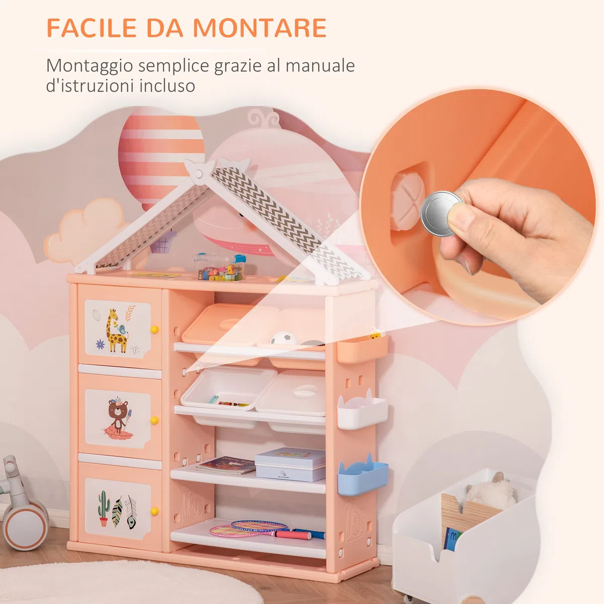 HOMCOM Armadio Cameretta, Mobile Portagiochi con 4 Contenitori, 3 Armadietti e Mensole in PE Arancione, 128x34x155cm