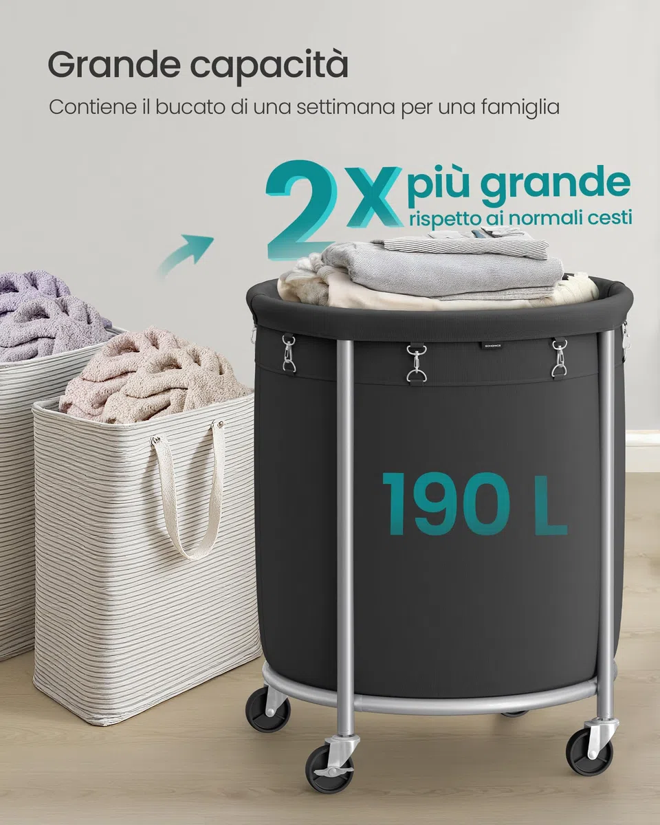 SONGMICS Cesto Portabiancheria con Ruote, Cesta per il Bucato, 170L, Cesto Rotondo con Struttura in Acciaio e Sacco Rimovibile, 4 Ruote e 2 Freni, Nero e Argento RLS001B01
