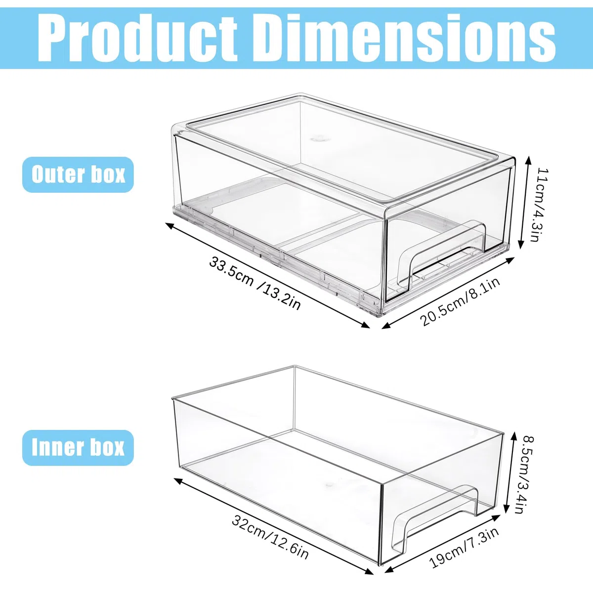 2 Pezzi Grande Organizer Cosmetico in Acrilico, Organizer Trucchi Cassetti Trasparente, Contenitori per Frigorifero con Cassetto Estraibile per Cosmetici, Bagno, 33,5 x 20,5 x 11 cm