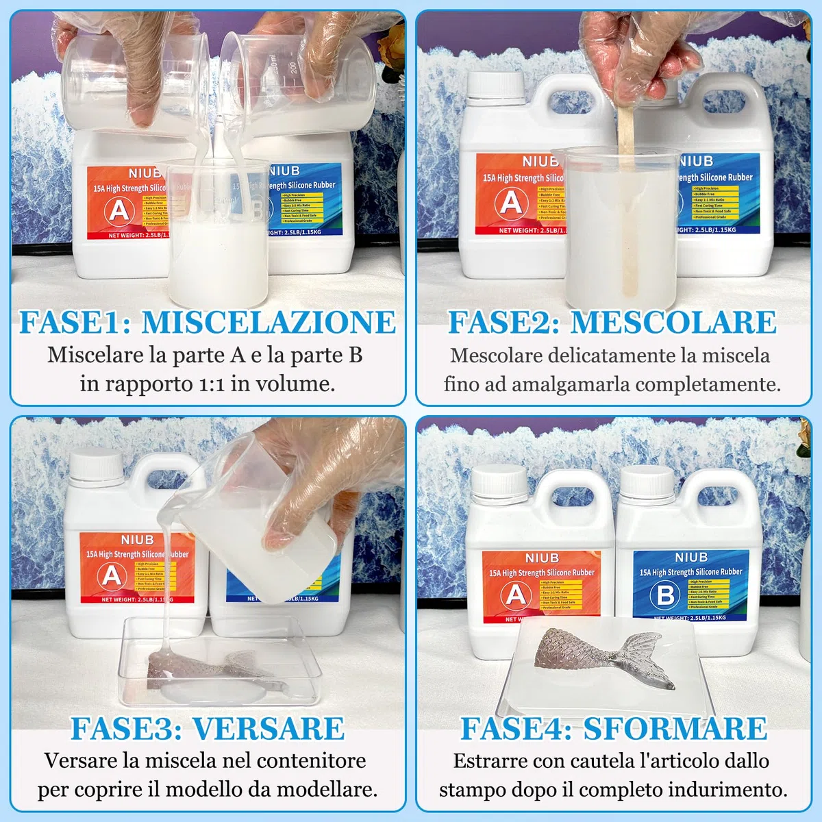 NIUB 15A 1,25kg Gomma Siliconea per Stampi - Kit Non Tossico con Alta Resistenza