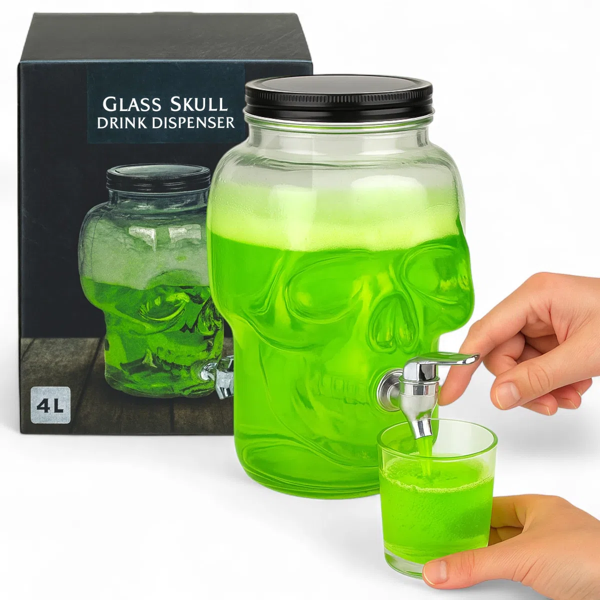 MIJOMA Dispenser per bevande a forma di teschio, 4 l, in vetro con rubinetto per Halloween, feste, bar, decorazione per bowle, cocktail, succo di acqua