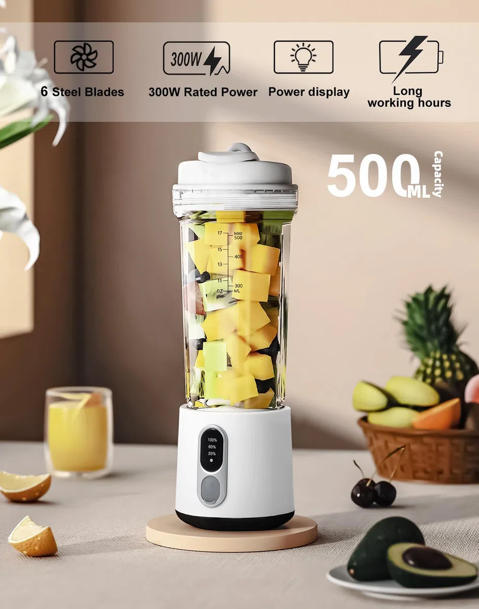 Frullatore Portatile 500ml per Frullati e Smoothies, Ricaricabile USB-C 4000mAh, 6 Lame in Acciaio Inossidabile, Frullatore da Viaggio Senza Fili per Palestra, Esterno, Cucina