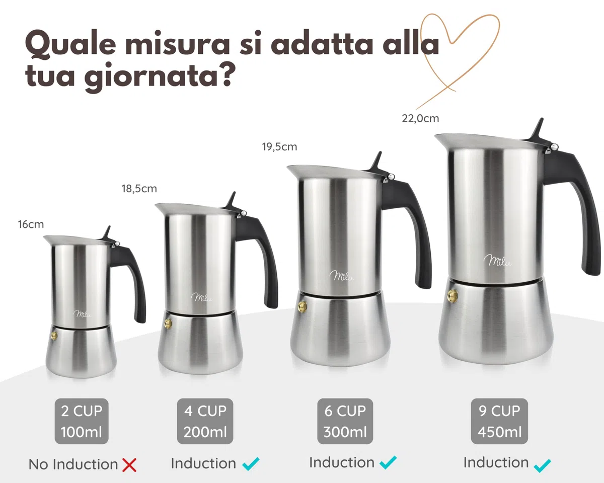Milu Caffettiera Induzione | 2, 4, 6, 9 Tazze | Caffettiera Espresso in Acciaio Inox, Adatta all'Induzione, Set comprendente sottobicchiere, cucchiaio, spazzola (6 Tazze 300ml)