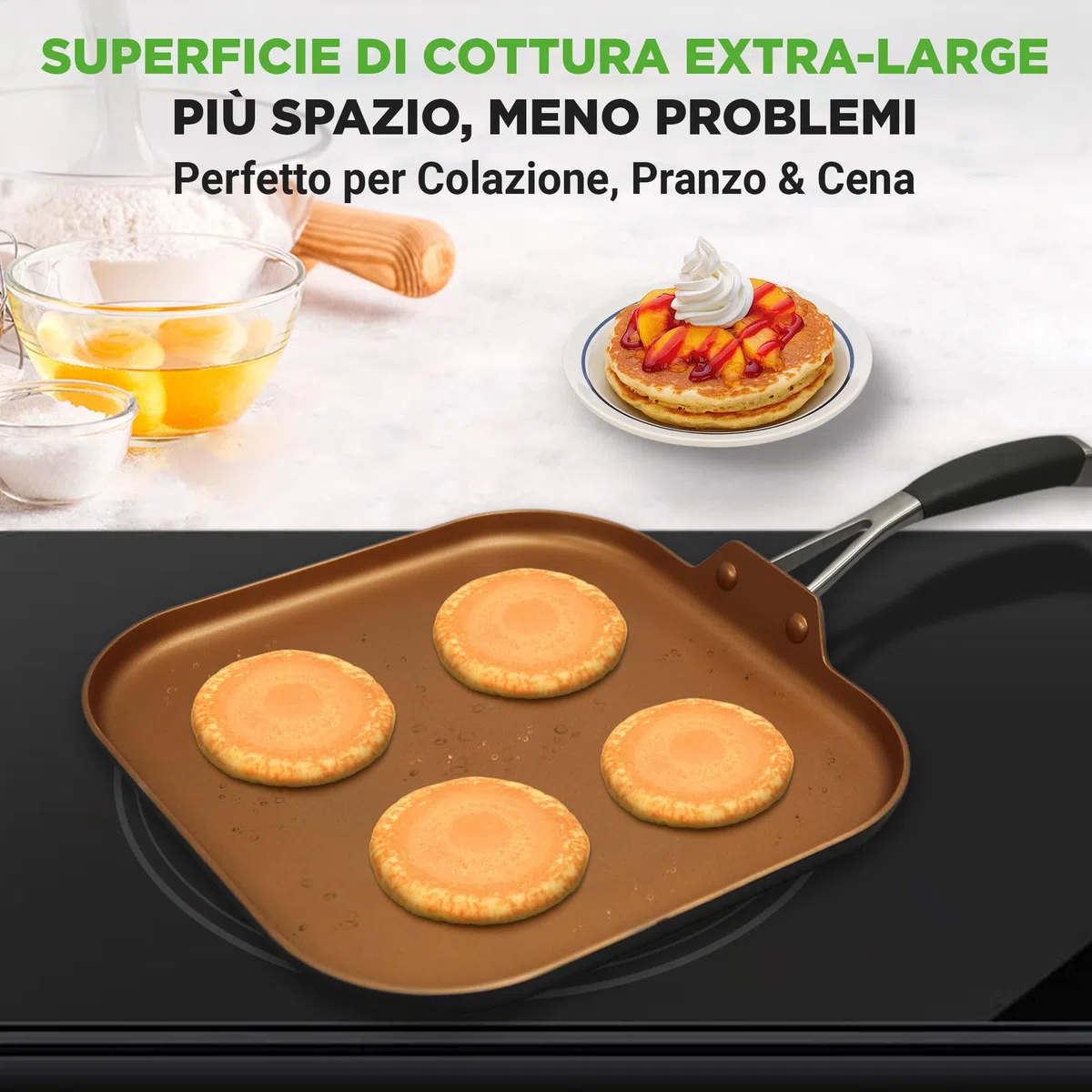 NutriChef Padella Antiaderente 26 cm, Piastra Cucina Rame, Esterno Anodizzato Resistente al Calore, Manico Silicone, Perfetta per Crepes, Pancake, Omelette, Frittata e Piadine