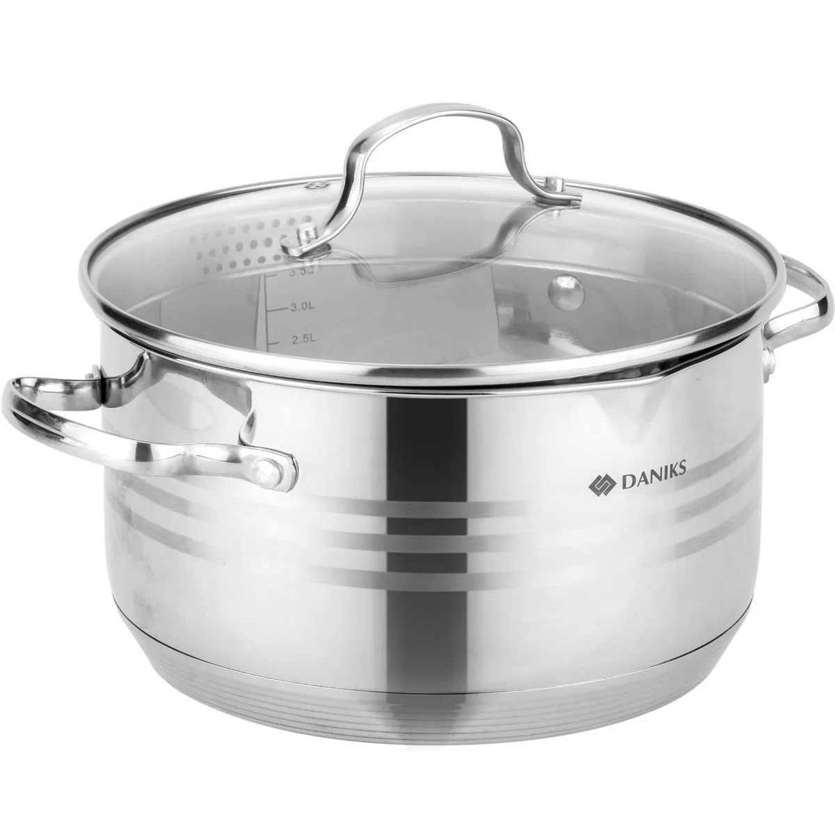 Daniks Tokio Pentola Acciaio Inox con Coperchio, 4.75 L Ø 22 cm, Pasta con Scolapasta Incorporato, per Induzione e Gas, Scala di Misura, Argento