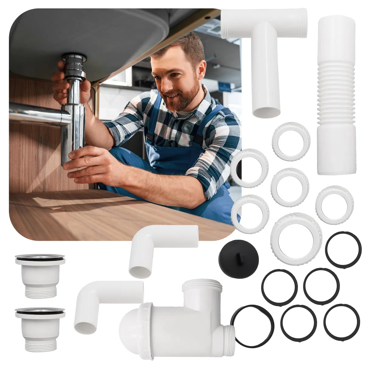 Sifone doppio da 50 mm, per lavabo doppio con filtro di scarico in metallo, filtro e tappo per lavello, sifone per lavandino, accessori per lavandino, sifone, lavandino, bagno e cucina