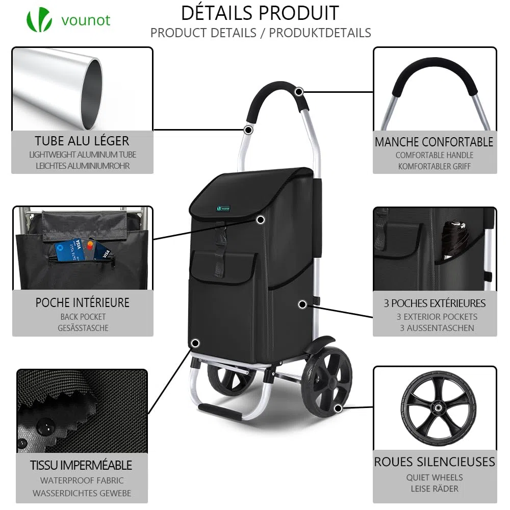 VOUNOT® Carrello della Spesa Pieghevole in Alluminio, Carrello Portaspesa con Borsa da 58L, Ruote Silenziose e Parafanghi, Nero