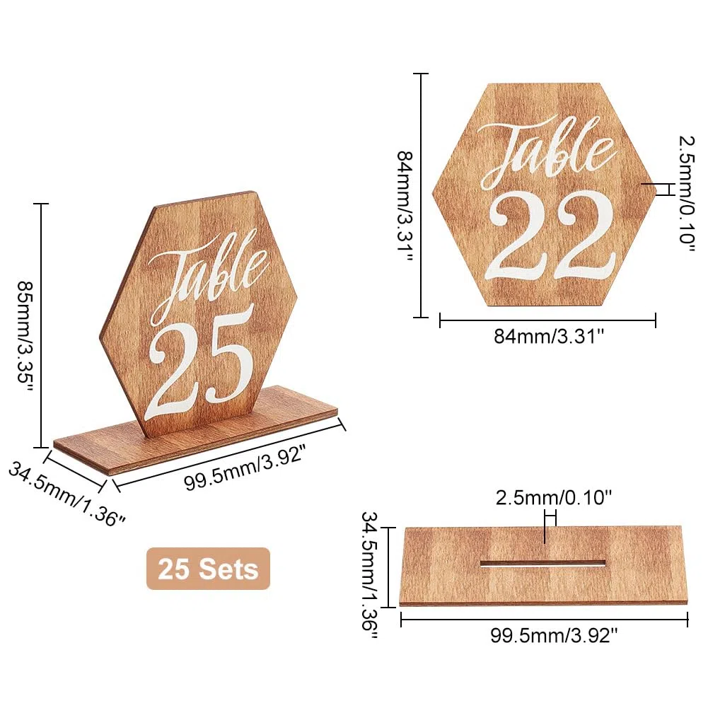 PH PandaHall 25Set Numeri Da Tavolo con Base in Legno Numeri Da Tavolo per Ricevimento di Nozze Esagonali Centrotavola per Matrimonio Autoportanti per Banchetti Ristorante Decorazioni Estivi 8.4x8.4cm